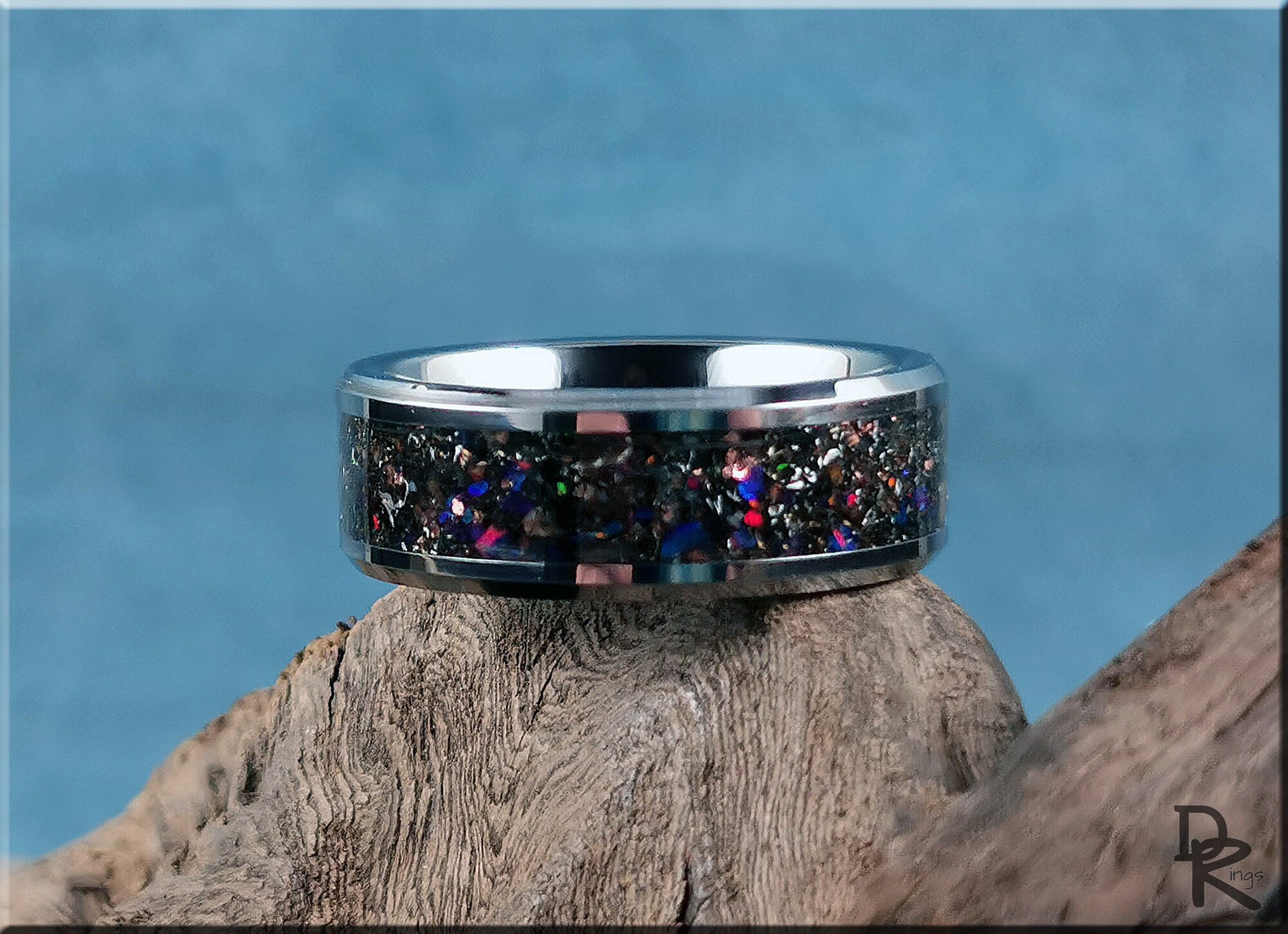 Tungsten Carbide Channel Ring w/Dinosaur Bone, Meteorite, Copper, Opal, and Blue Glow inlay - metal ring