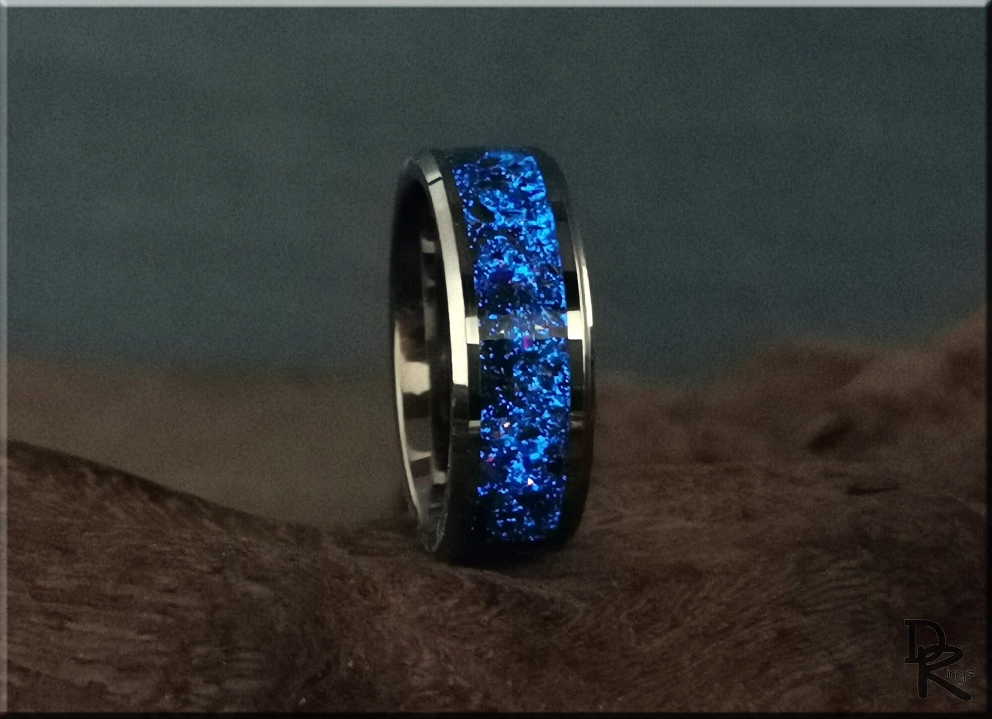 Tungsten Carbide Channel Ring w/Dinosaur Bone, Meteorite, Copper, Opal, and Blue Glow inlay - metal ring