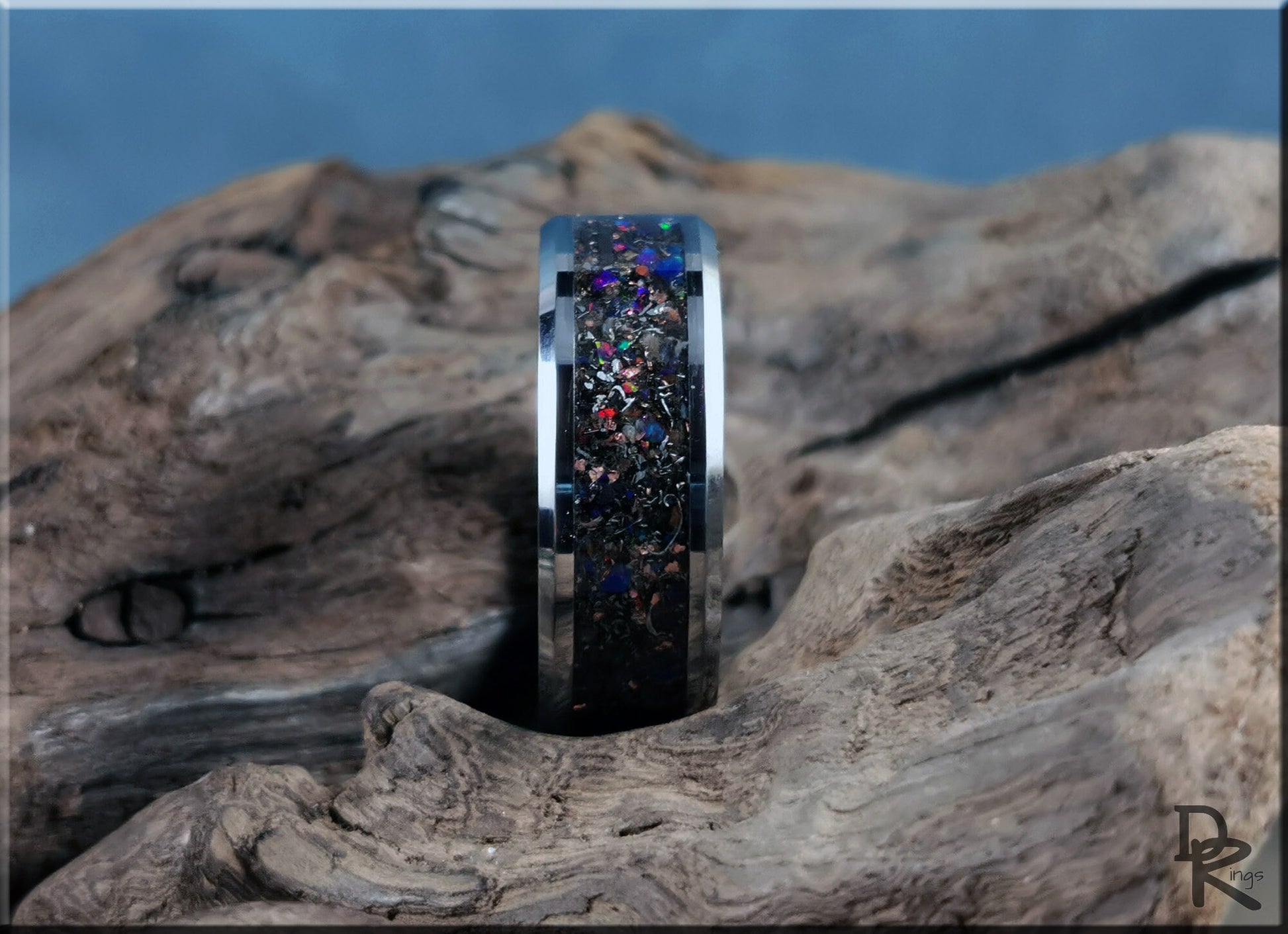 Tungsten Carbide Channel Ring w/Dinosaur Bone, Meteorite, Copper, Opal, and Blue Glow inlay - metal ring