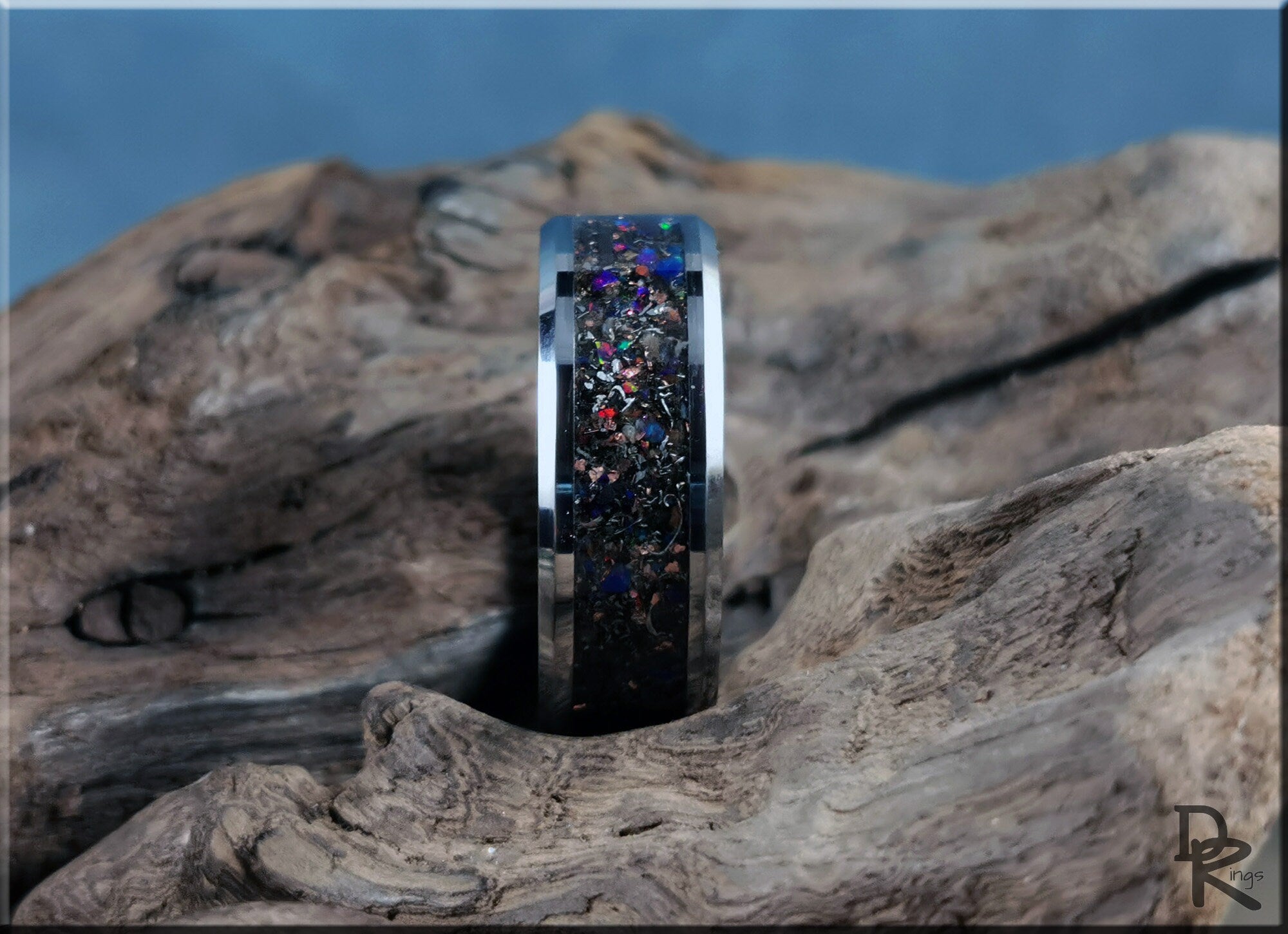 Tungsten Carbide Channel Ring w/Dinosaur Bone, Meteorite, Copper, Opal, and Blue Glow inlay - metal ring