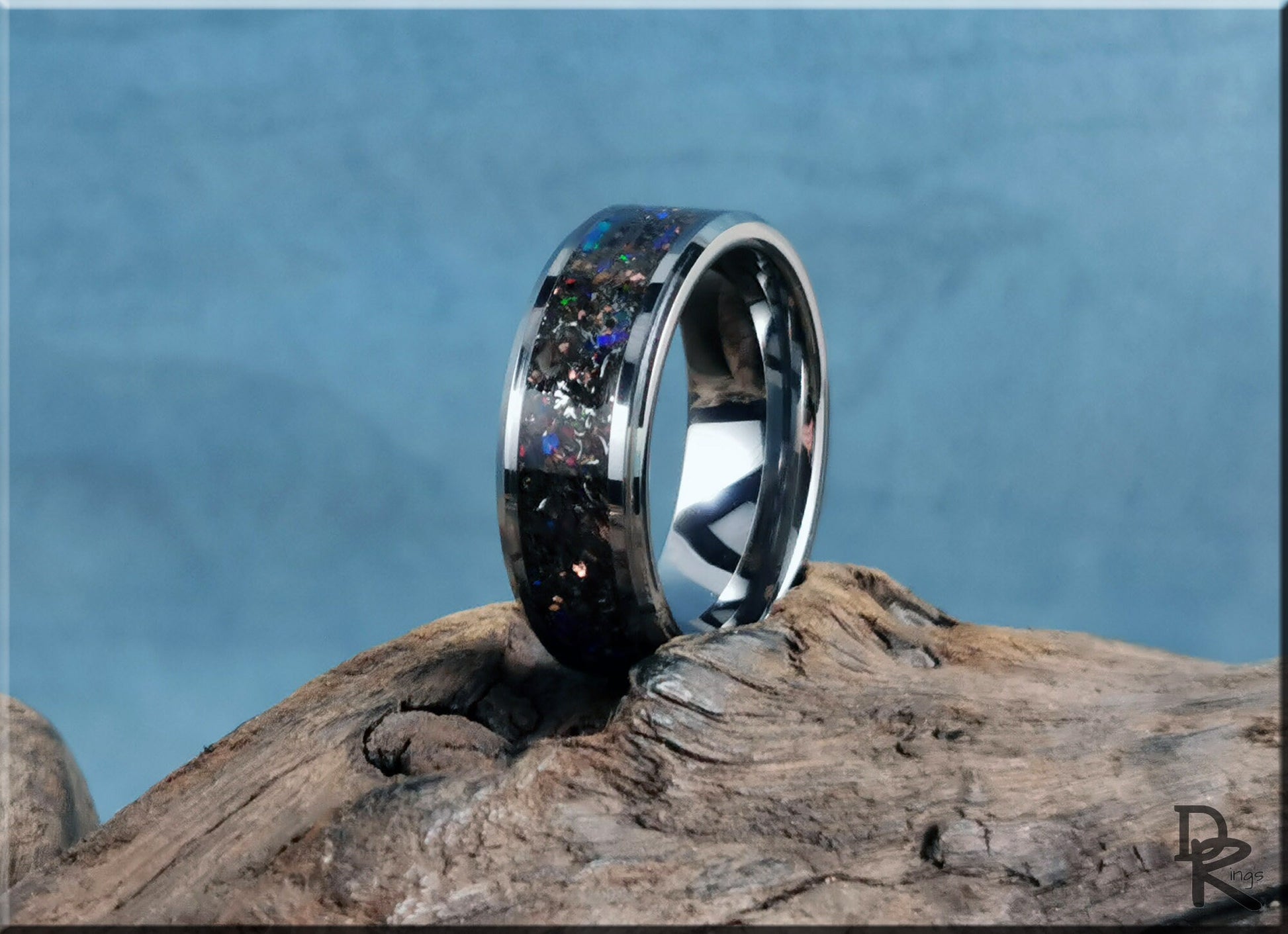 Tungsten Carbide Channel Ring w/Dinosaur Bone, Meteorite, Copper, Opal, and Blue Glow inlay - metal ring
