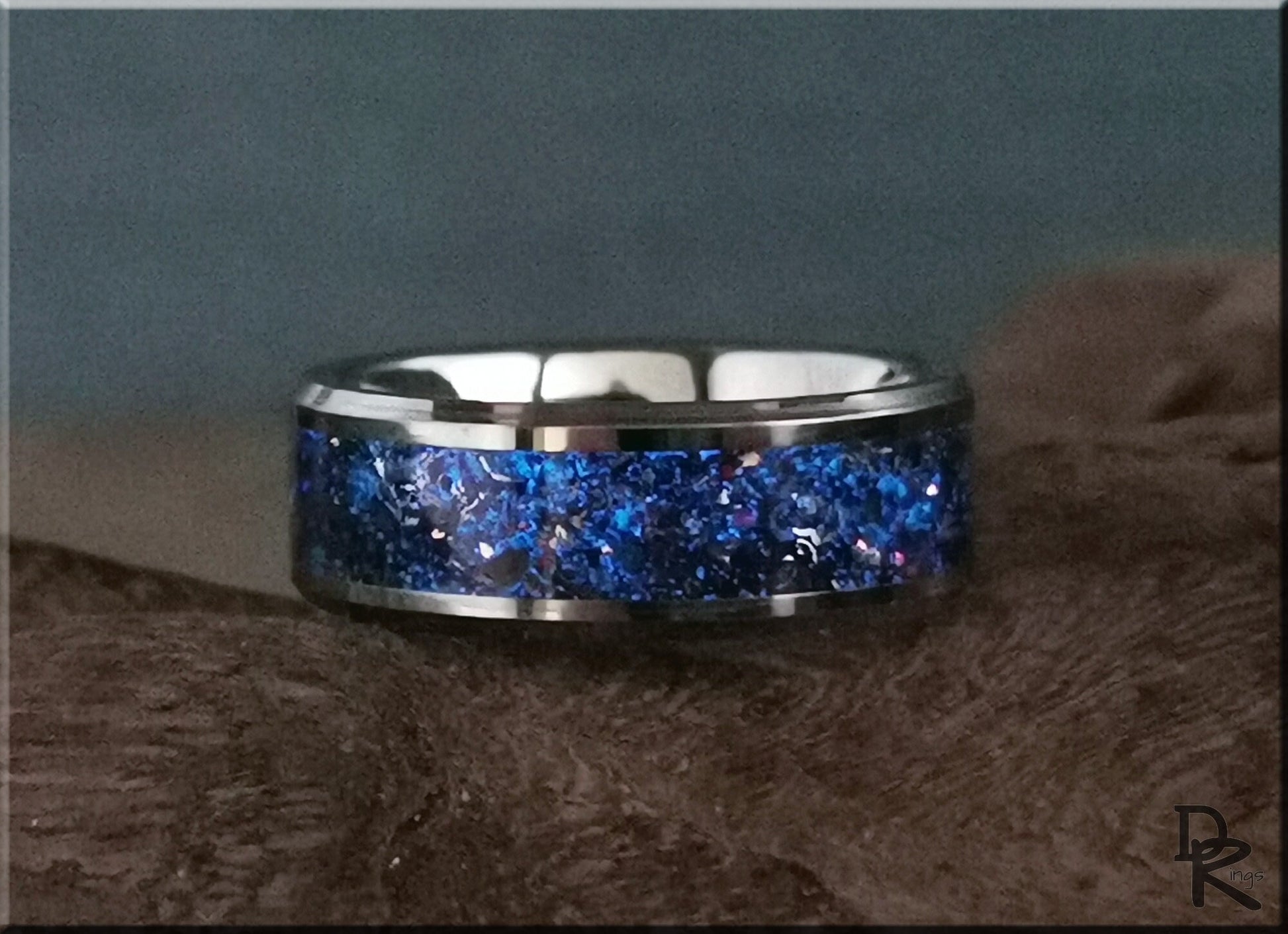 Tungsten Carbide Channel Ring w/Dinosaur Bone, Meteorite, Copper, Opal, and Blue Glow inlay - metal ring