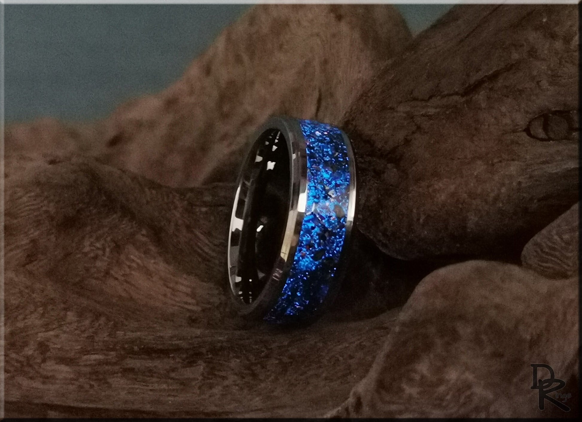 Tungsten Carbide Channel Ring w/Dinosaur Bone, Meteorite, Copper, Opal, and Blue Glow inlay - metal ring