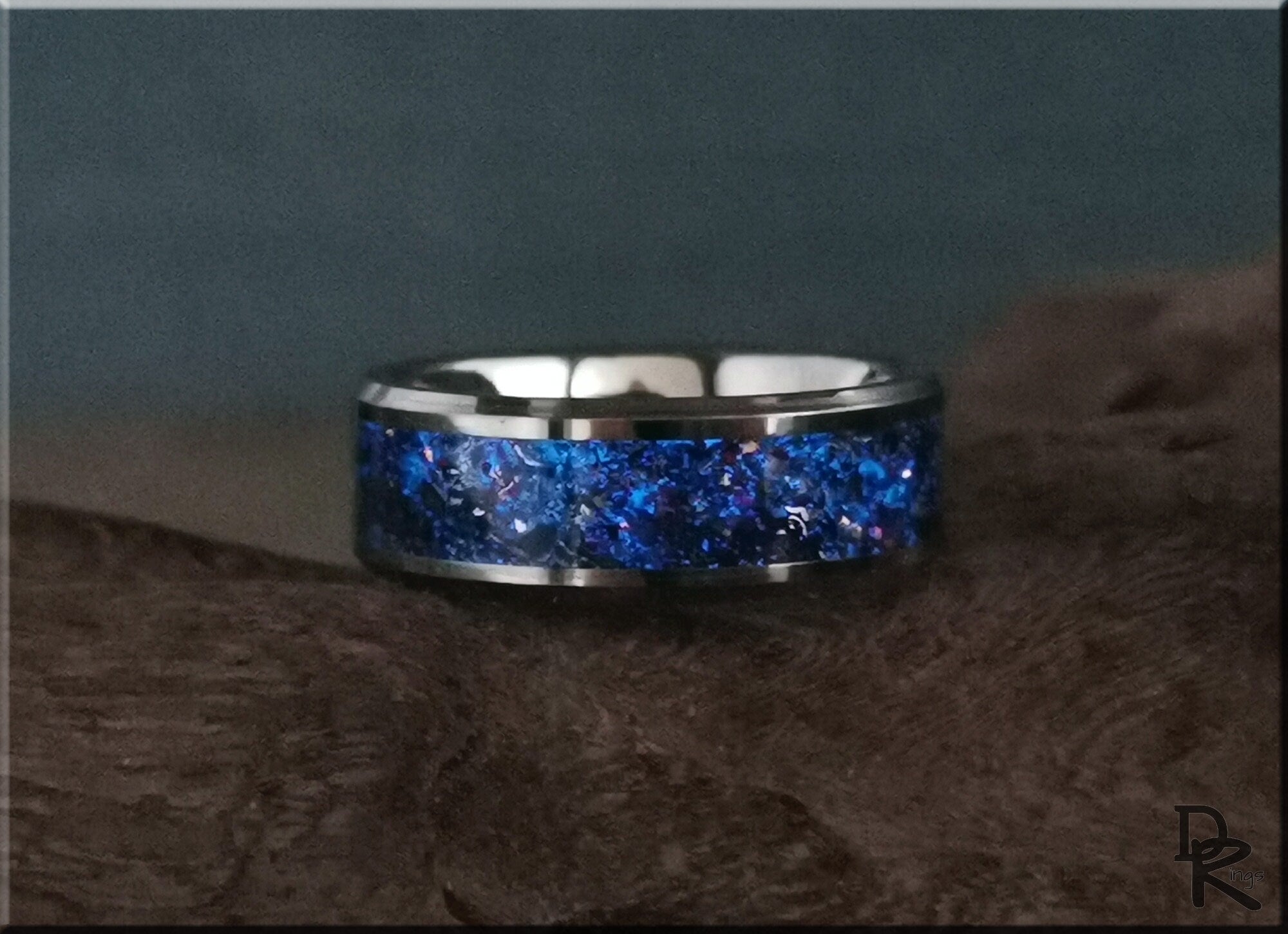 Tungsten Carbide Channel Ring w/Dinosaur Bone, Meteorite, Copper, Opal, and Blue Glow inlay - metal ring