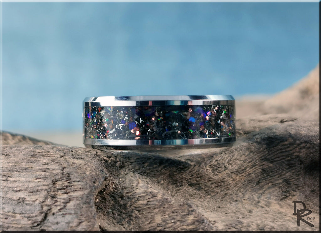Tungsten Carbide Channel Ring w/Dinosaur Bone, Meteorite, Copper, Opal, and Blue Glow inlay - metal ring