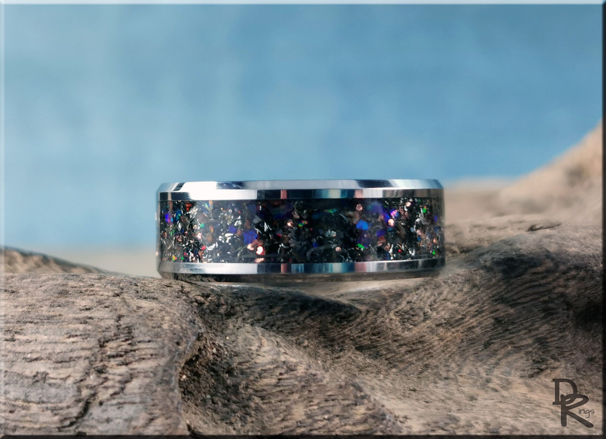 Tungsten Carbide Channel Ring w/Dinosaur Bone, Meteorite, Copper, Opal, and Blue Glow inlay - metal ring