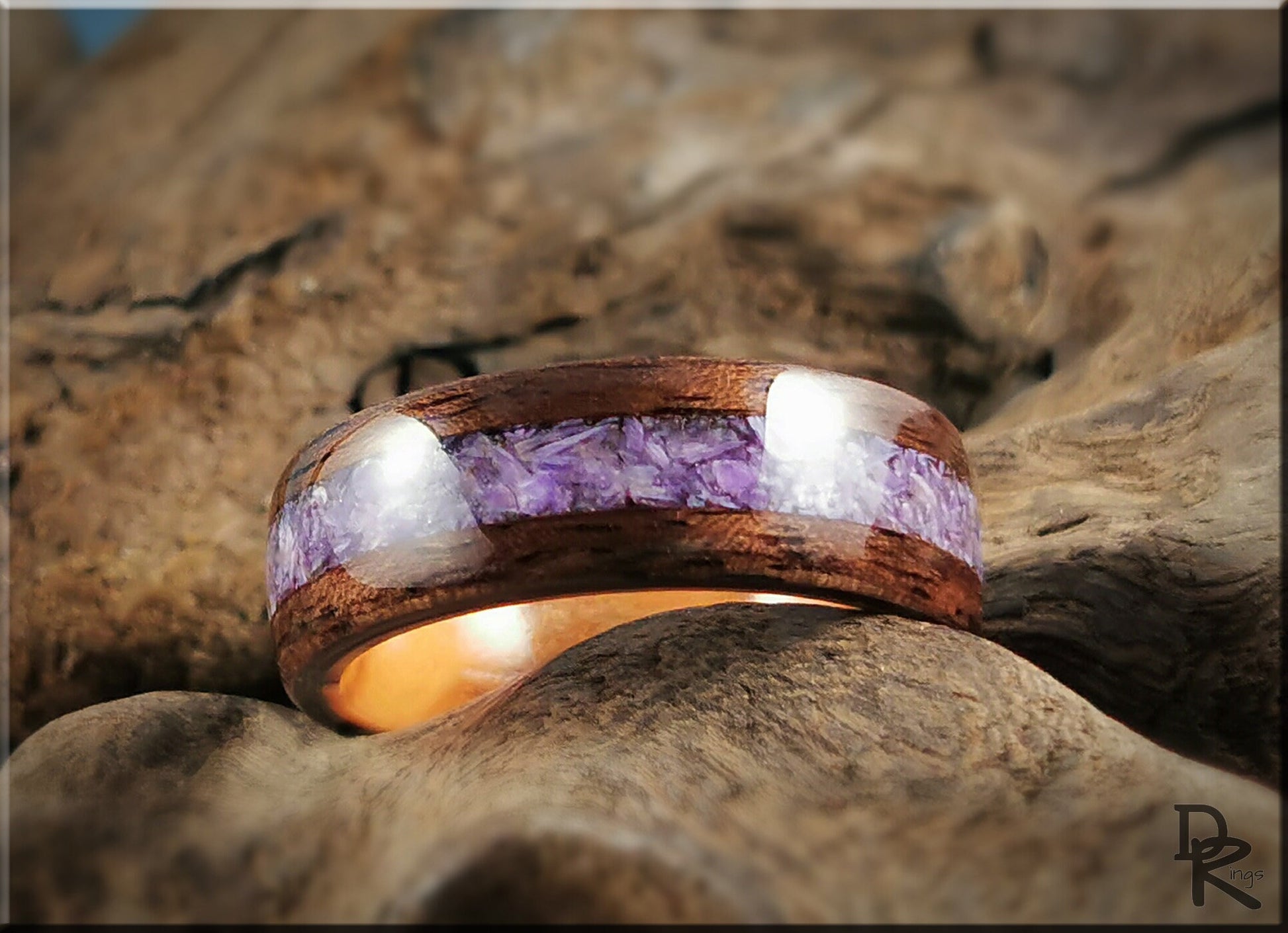 Bentwood Ring - Curly Black Walnut w/Charoite Stone inlay, on Olivewood ring core - wood ring