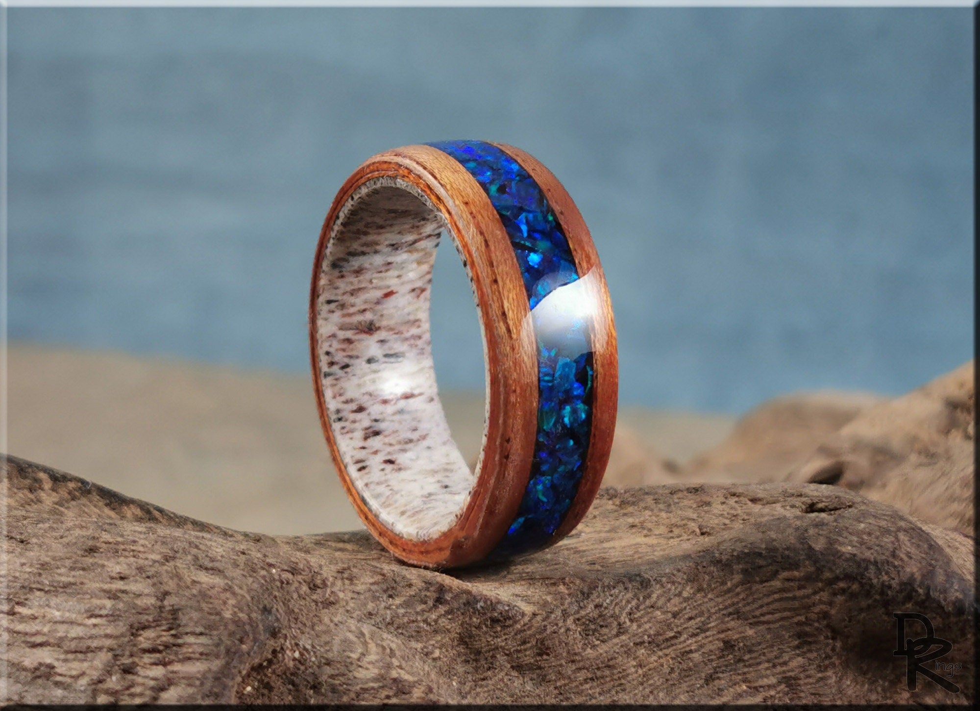 Bentwood Ring - Flat Cut Etimoe w/Ocean Blue Opal inlay, on Deer Antler ring core - wood ring