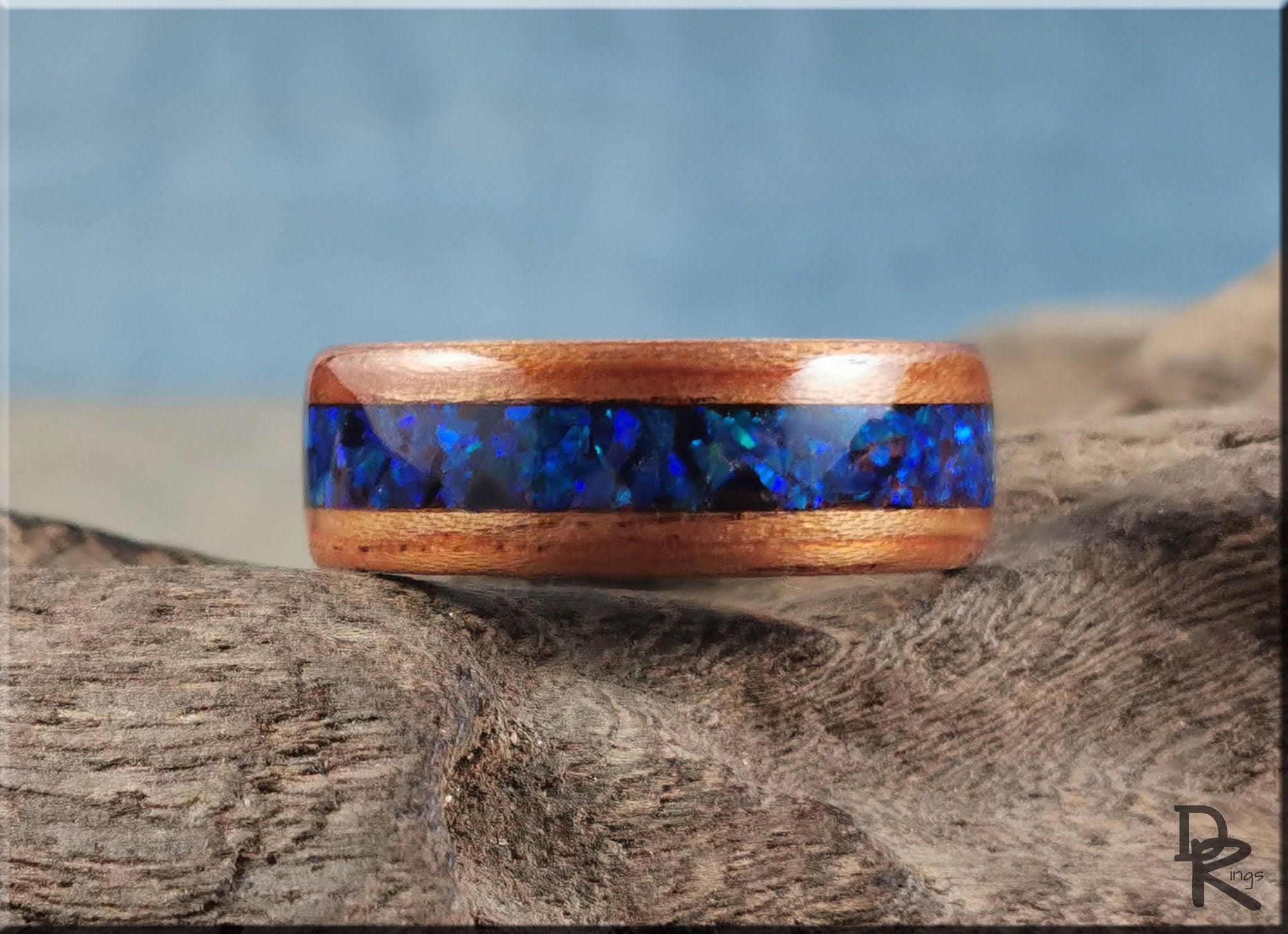 Bentwood Ring - Flat Cut Etimoe w/Ocean Blue Opal inlay, on Deer Antler ring core - wood ring