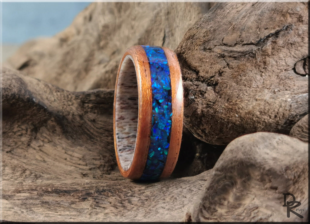 Bentwood Ring - Flat Cut Etimoe w/Ocean Blue Opal inlay, on Deer Antler ring core - wood ring