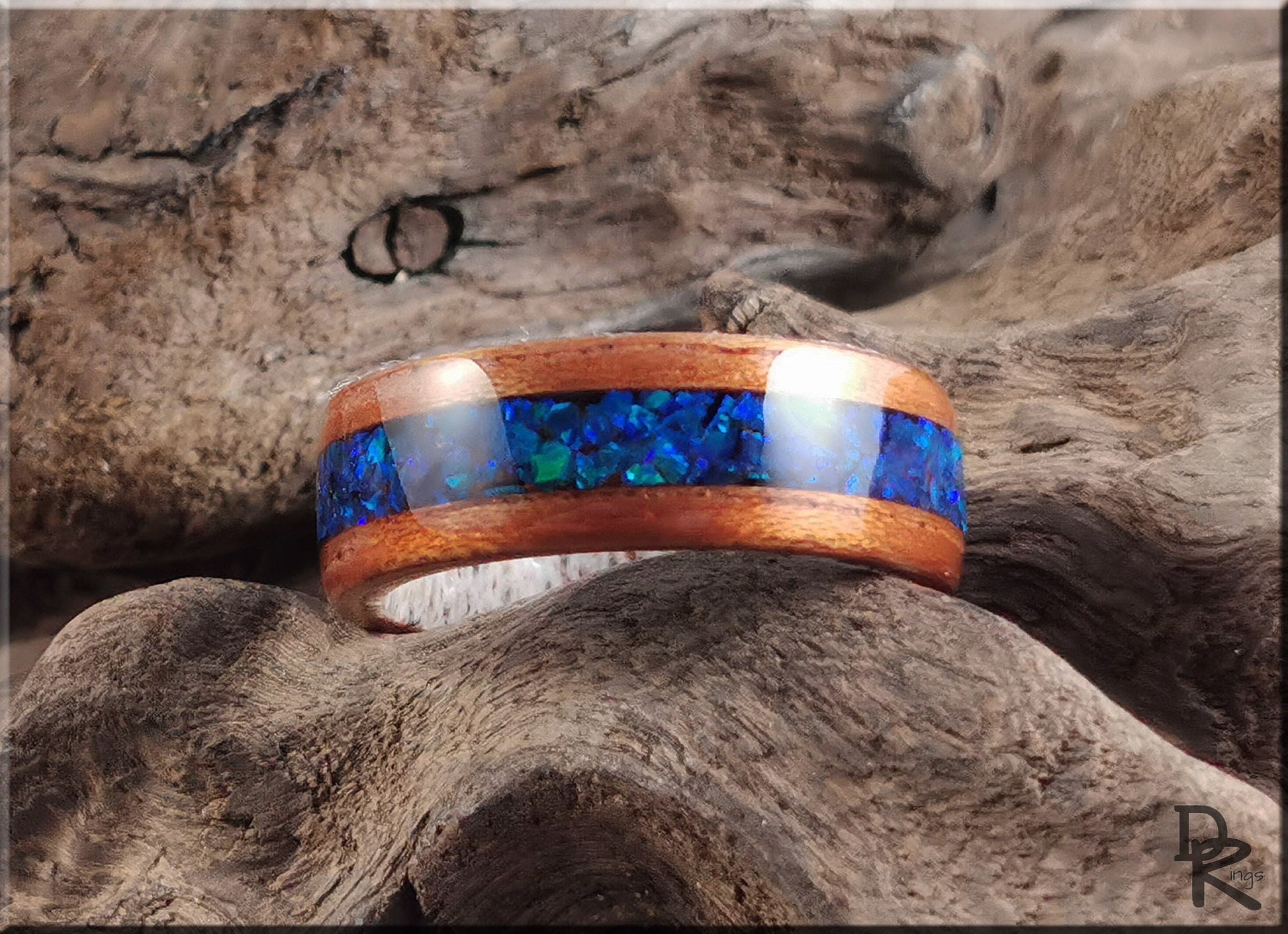 Bentwood Ring - Flat Cut Etimoe w/Ocean Blue Opal inlay, on Deer Antler ring core - wood ring