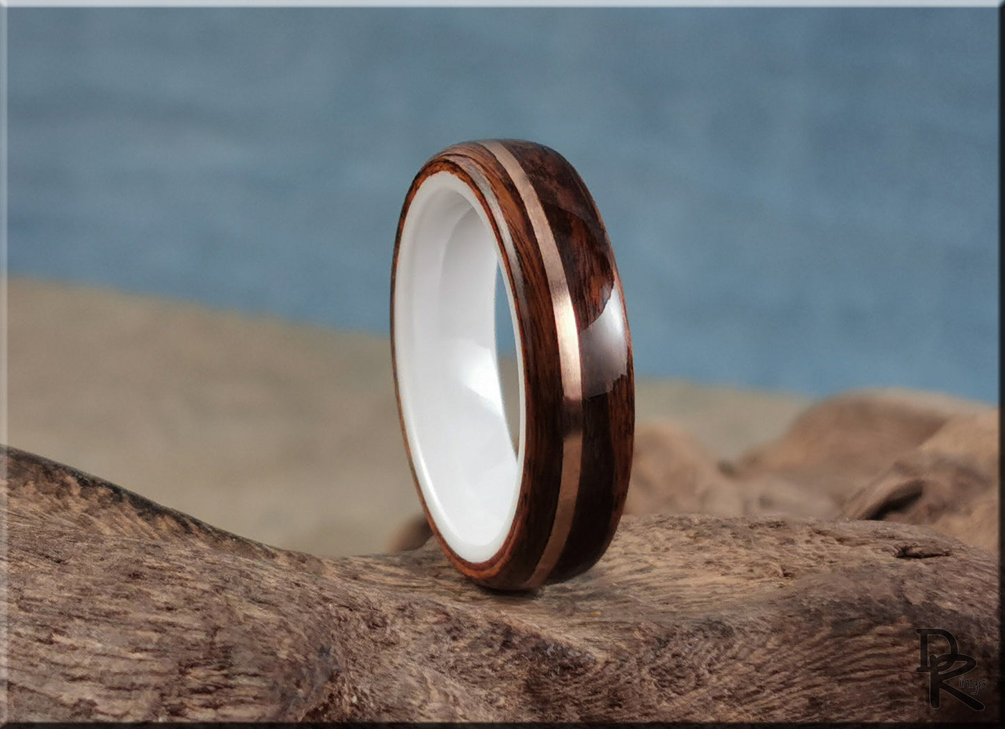 Bentwood Ring - Santos Rosewood w/offset Bronze wire inlay on polished white ceramic ring core - wood ring
