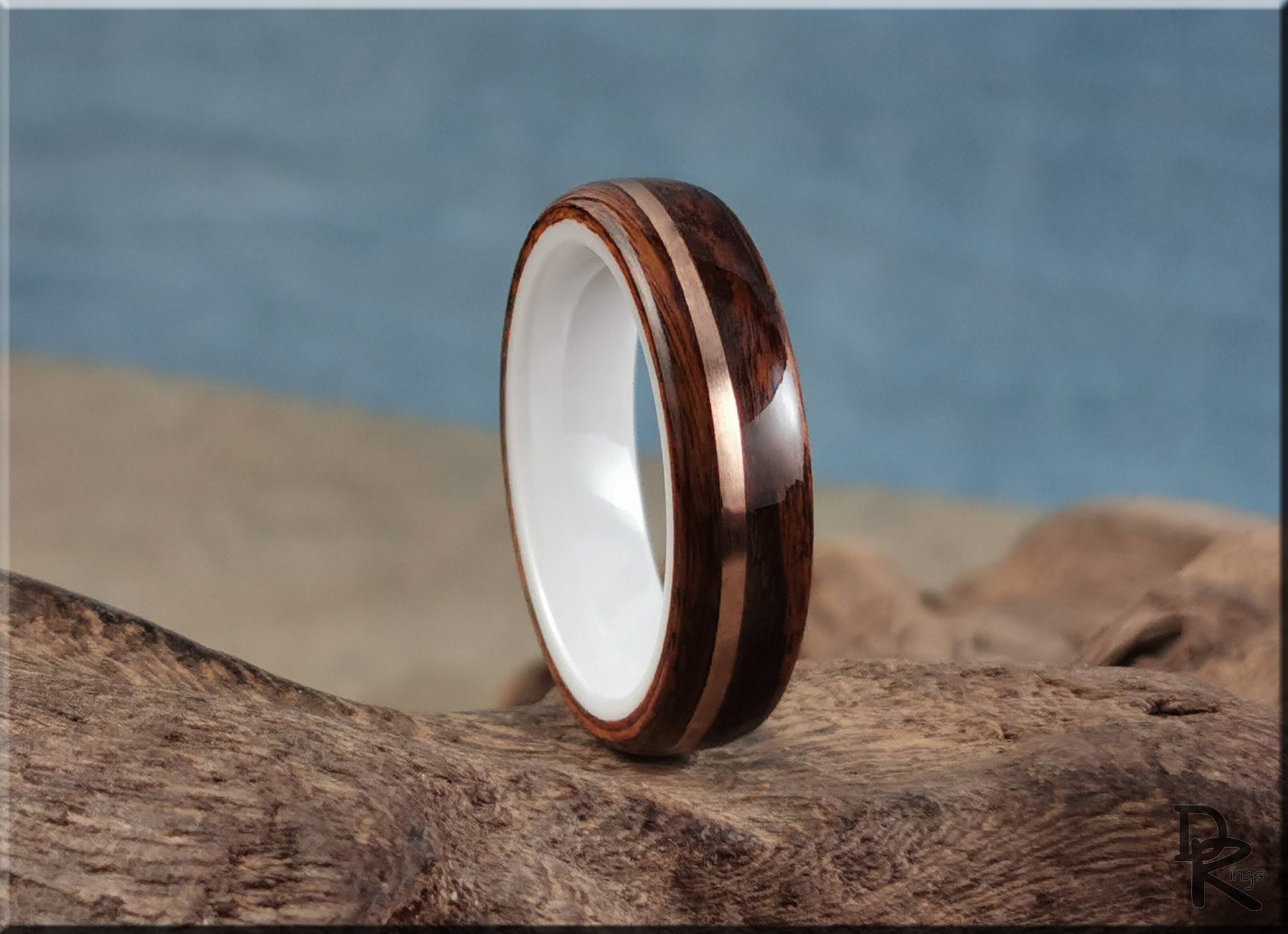 Bentwood Ring - Santos Rosewood w/offset Bronze wire inlay on polished white ceramic ring core - wood ring