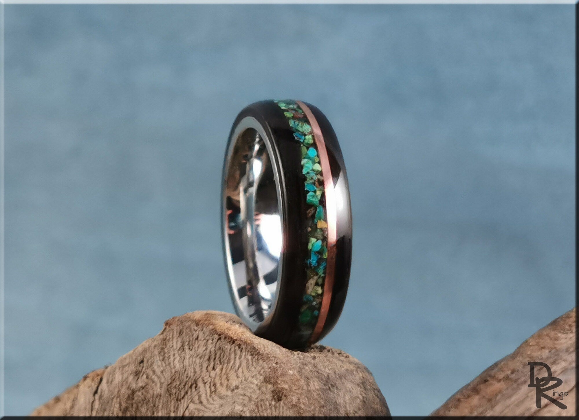 Bentwood Ring - Amara Ebony w/dual Copper and Chrysocolla stone inlay on premium Cobalt Chrome core - wood ring