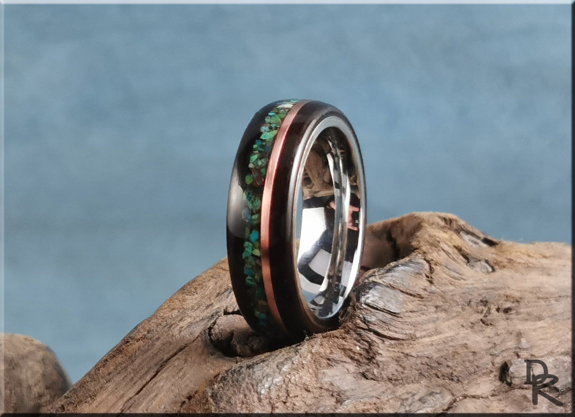Bentwood Ring - Amara Ebony w/dual Copper and Chrysocolla stone inlay on premium Cobalt Chrome core - wood ring