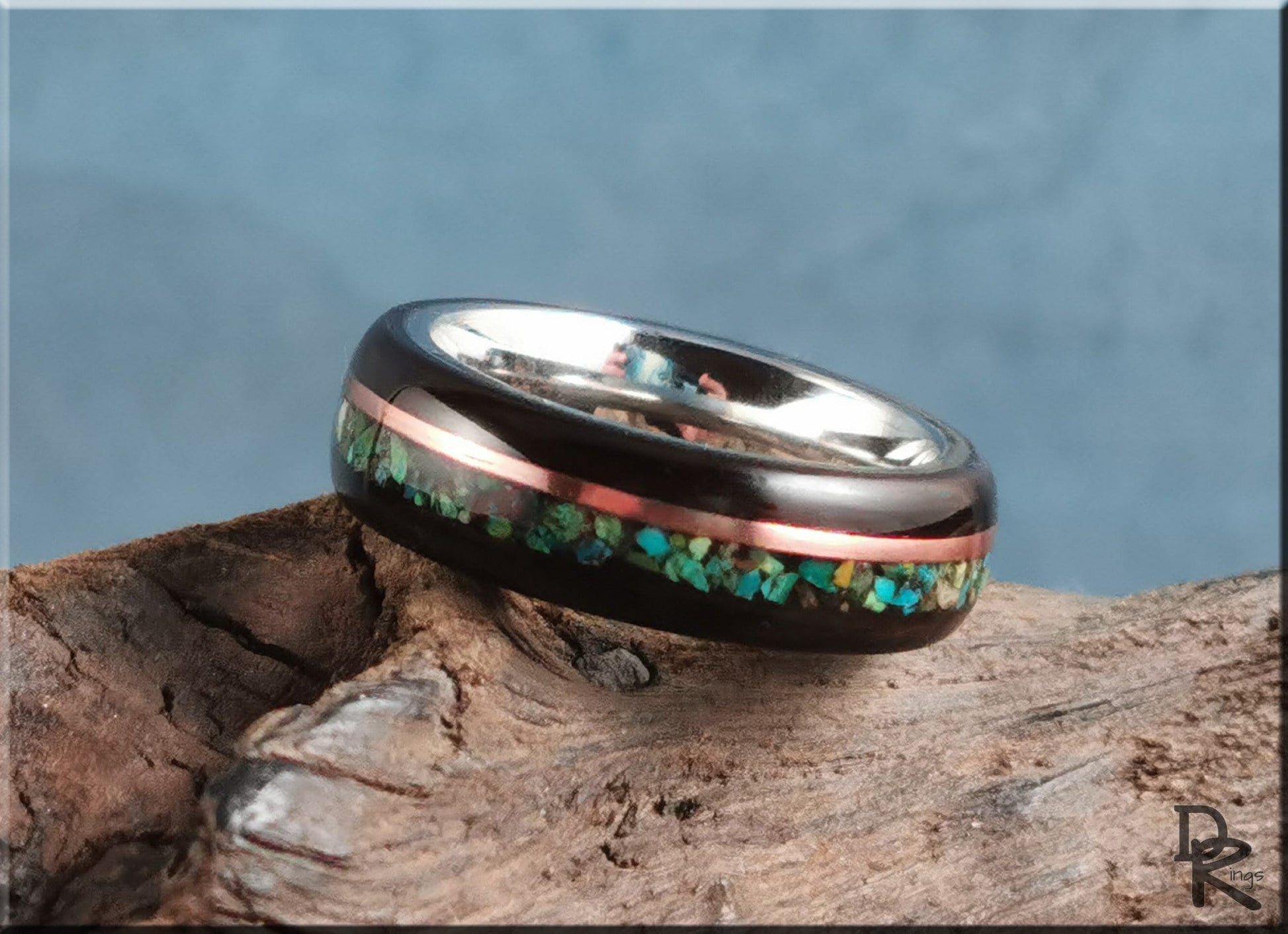 Bentwood Ring - Amara Ebony w/dual Copper and Chrysocolla stone inlay on premium Cobalt Chrome core - wood ring