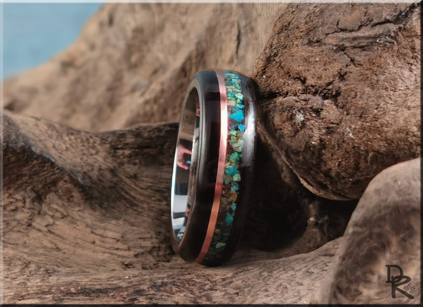 Bentwood Ring - Amara Ebony w/dual Copper and Chrysocolla stone inlay on premium Cobalt Chrome core - wood ring
