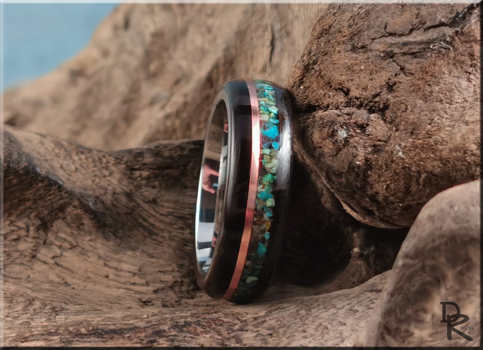 Bentwood Ring - Amara Ebony w/dual Copper and Chrysocolla stone inlay on premium Cobalt Chrome core - wood ring