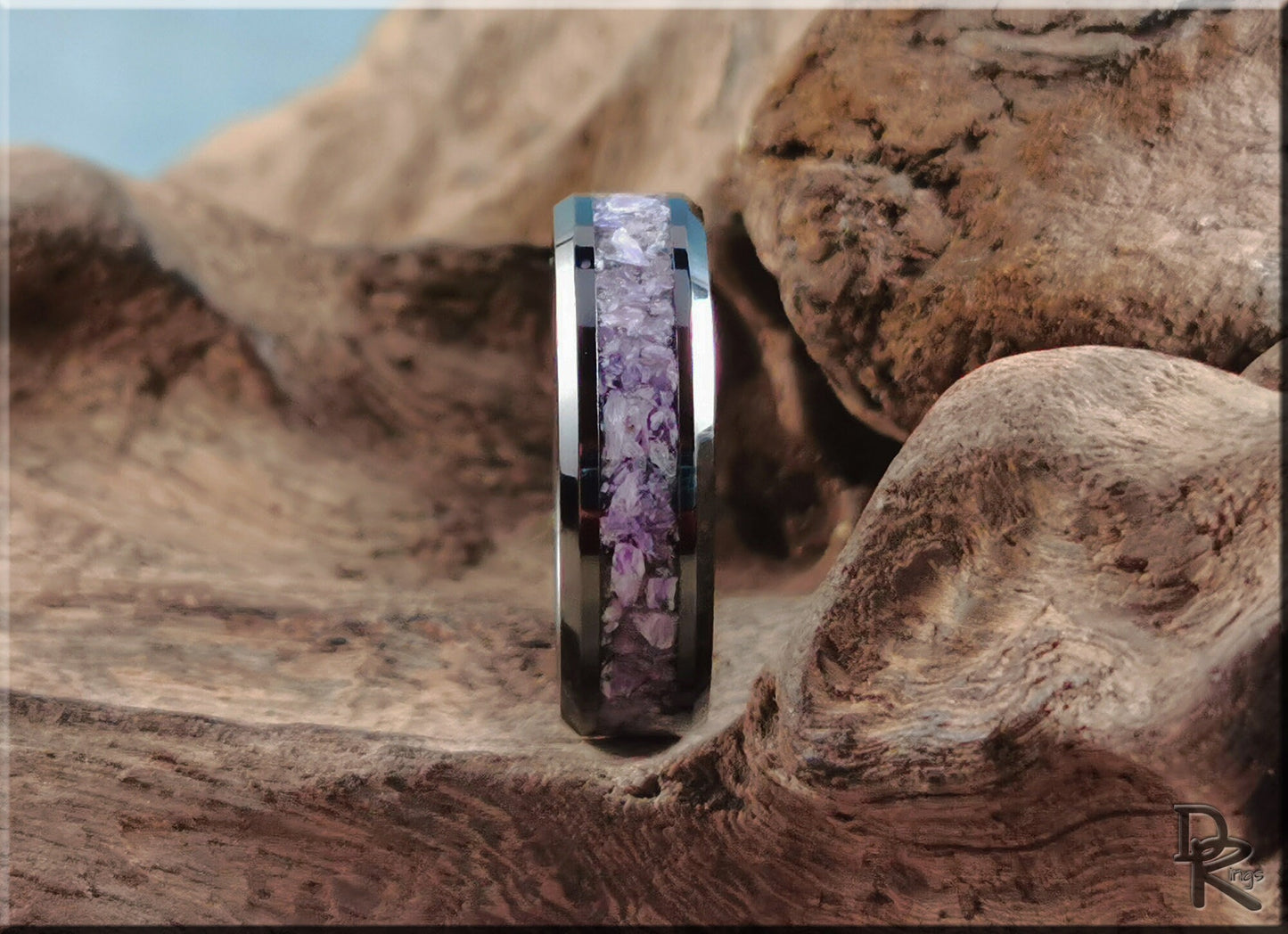Polished Black Ceramic Channel Ring w/Charoite stone inlay - ceramic ring