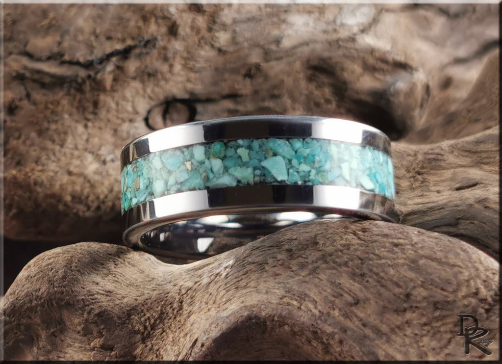 Flat Edge Tungsten Carbide Channel Ring w/Campitos Turquoise inlay - metal ring