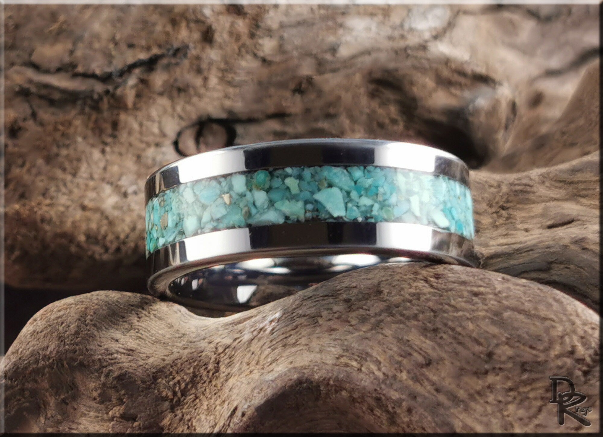 Flat Edge Tungsten Carbide Channel Ring w/Campitos Turquoise inlay - metal ring