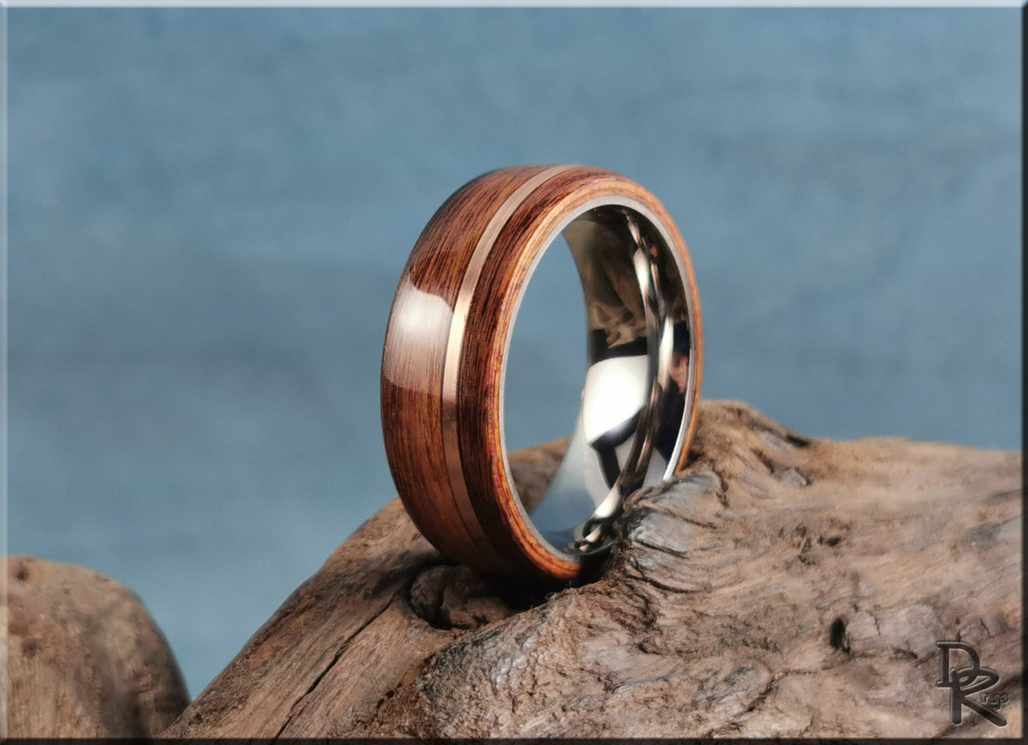 Bentwood Ring - Santos Rosewood w/offset Bronze wire inlay on titanium ring core - wood ring
