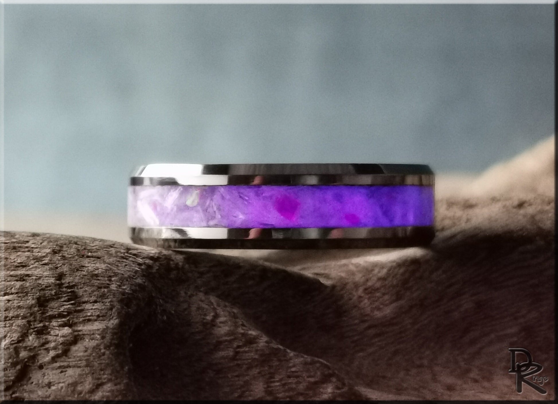 Tungsten Carbide Channel Ring w/Selenite and Opal Glow inlay - metal ring