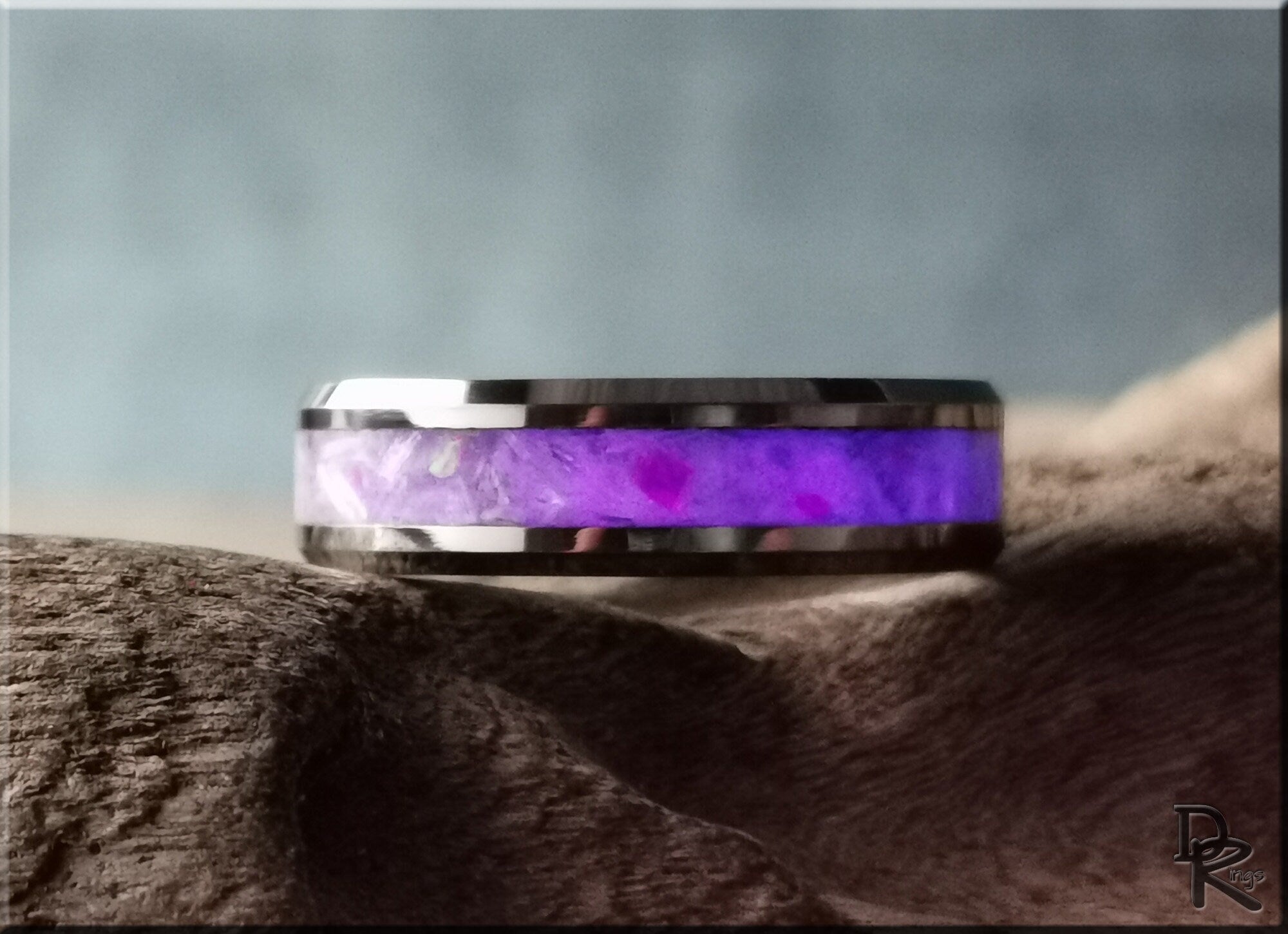 Tungsten Carbide Channel Ring w/Selenite and Opal Glow inlay - metal ring