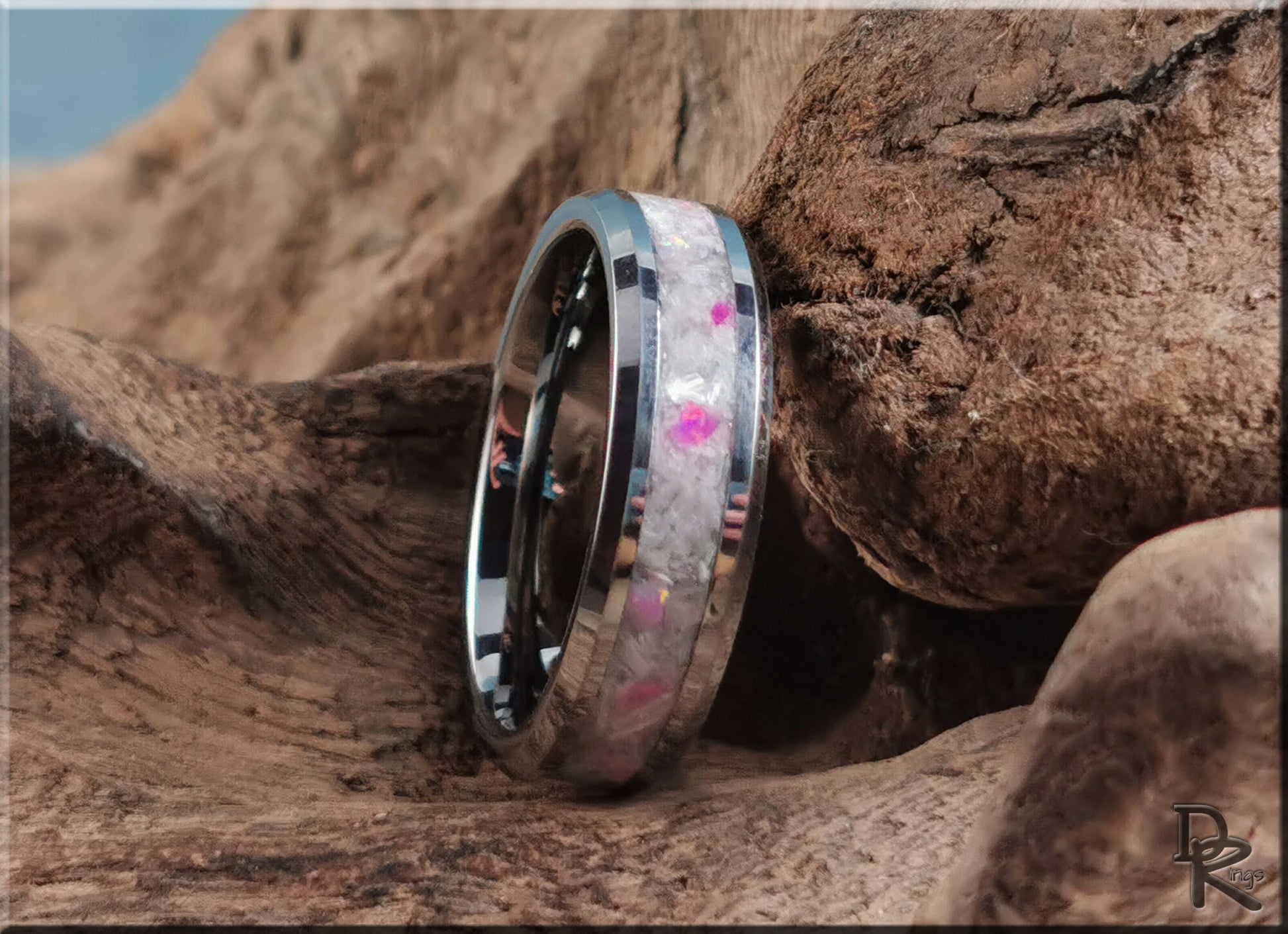 Tungsten Carbide Channel Ring w/Selenite and Opal Glow inlay - metal ring
