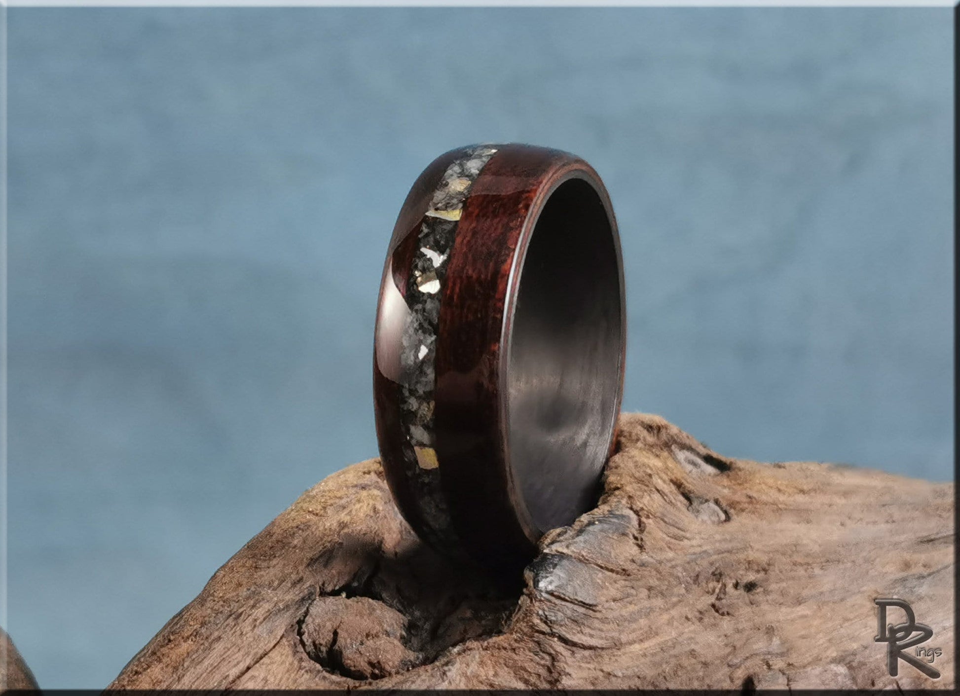 Bentwood Ring - Smoked Etimoe w/Moonstone-Mica and Sterling Silver inlay, on carbon fiber ring core - wood ring