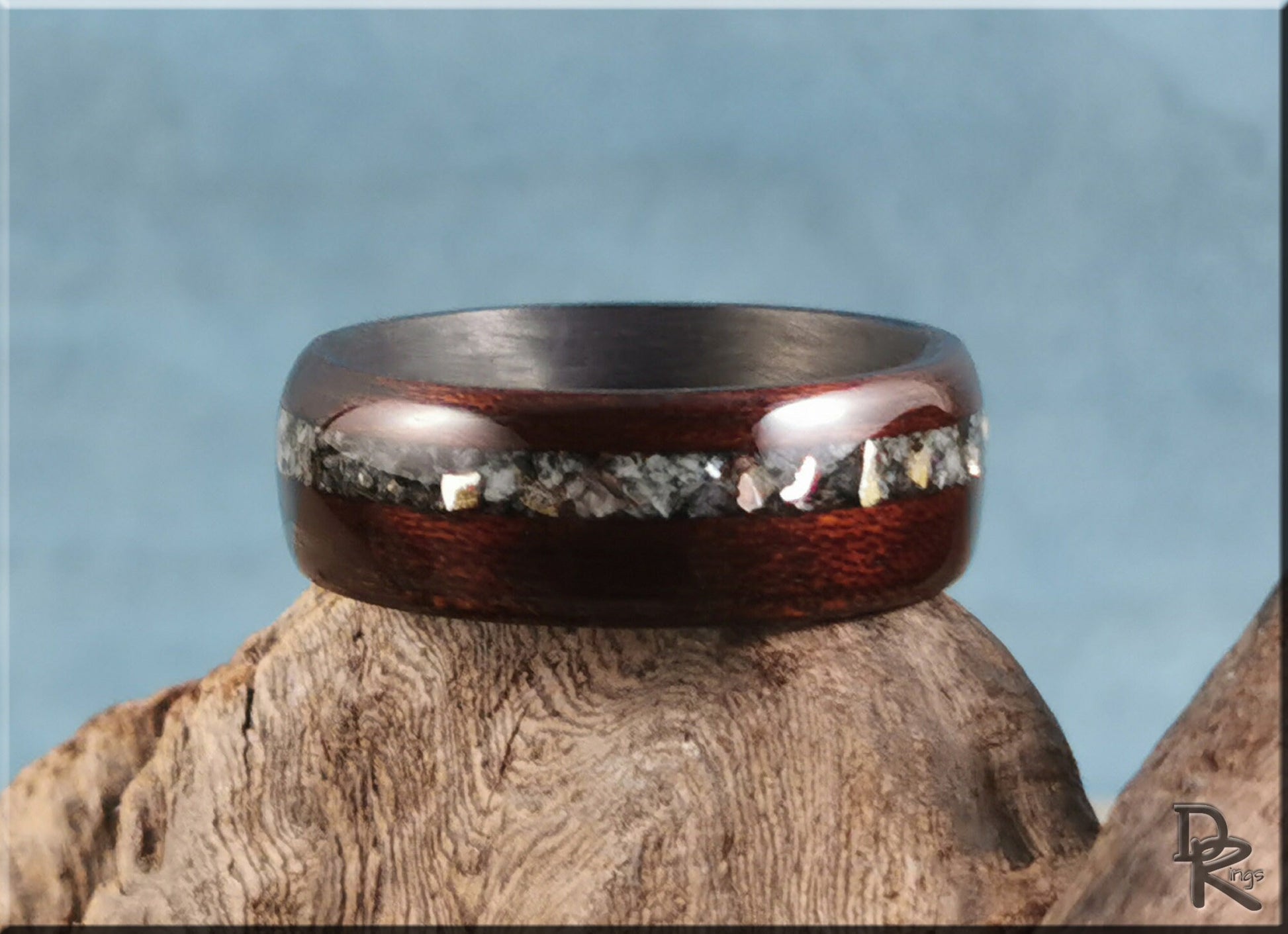 Bentwood Ring - Smoked Etimoe w/Moonstone-Mica and Sterling Silver inlay, on carbon fiber ring core - wood ring