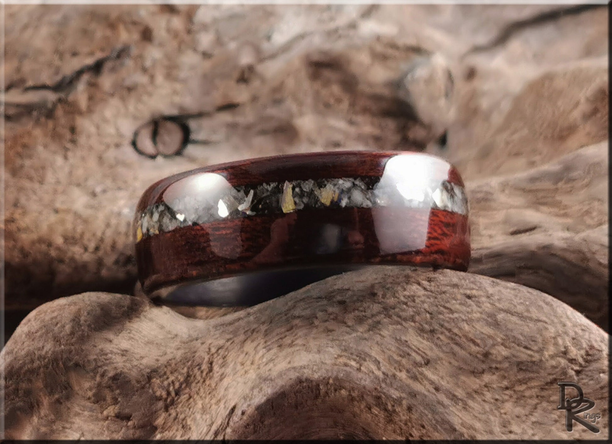 Bentwood Ring - Smoked Etimoe w/Moonstone-Mica and Sterling Silver inlay, on carbon fiber ring core - wood ring