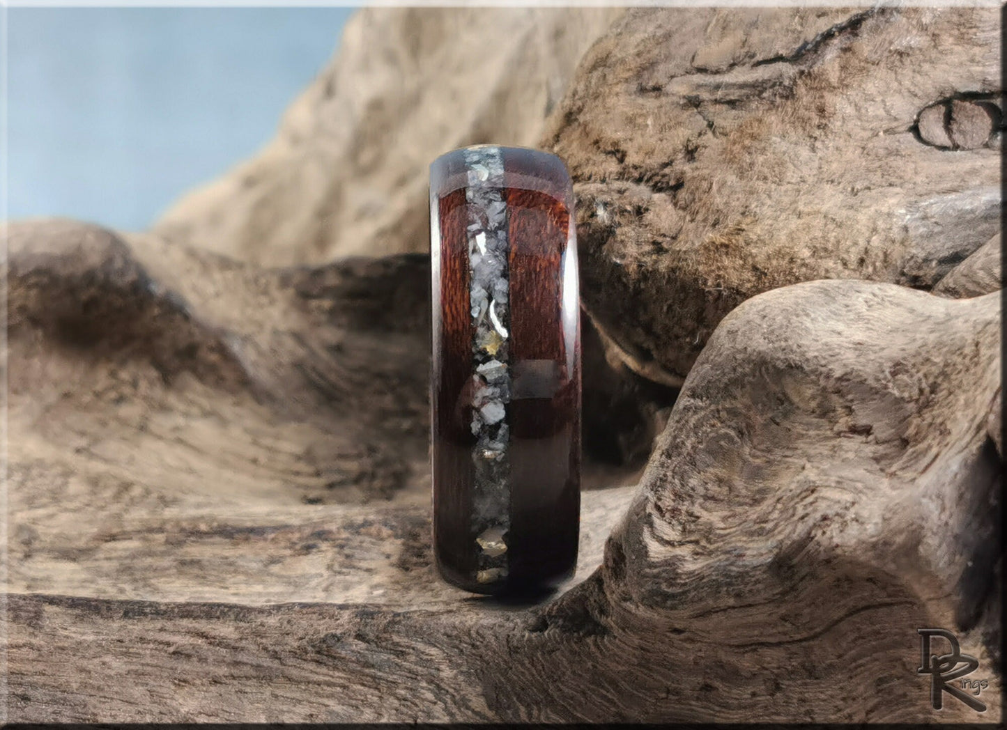 Bentwood Ring - Smoked Etimoe w/Moonstone-Mica and Sterling Silver inlay, on carbon fiber ring core - wood ring