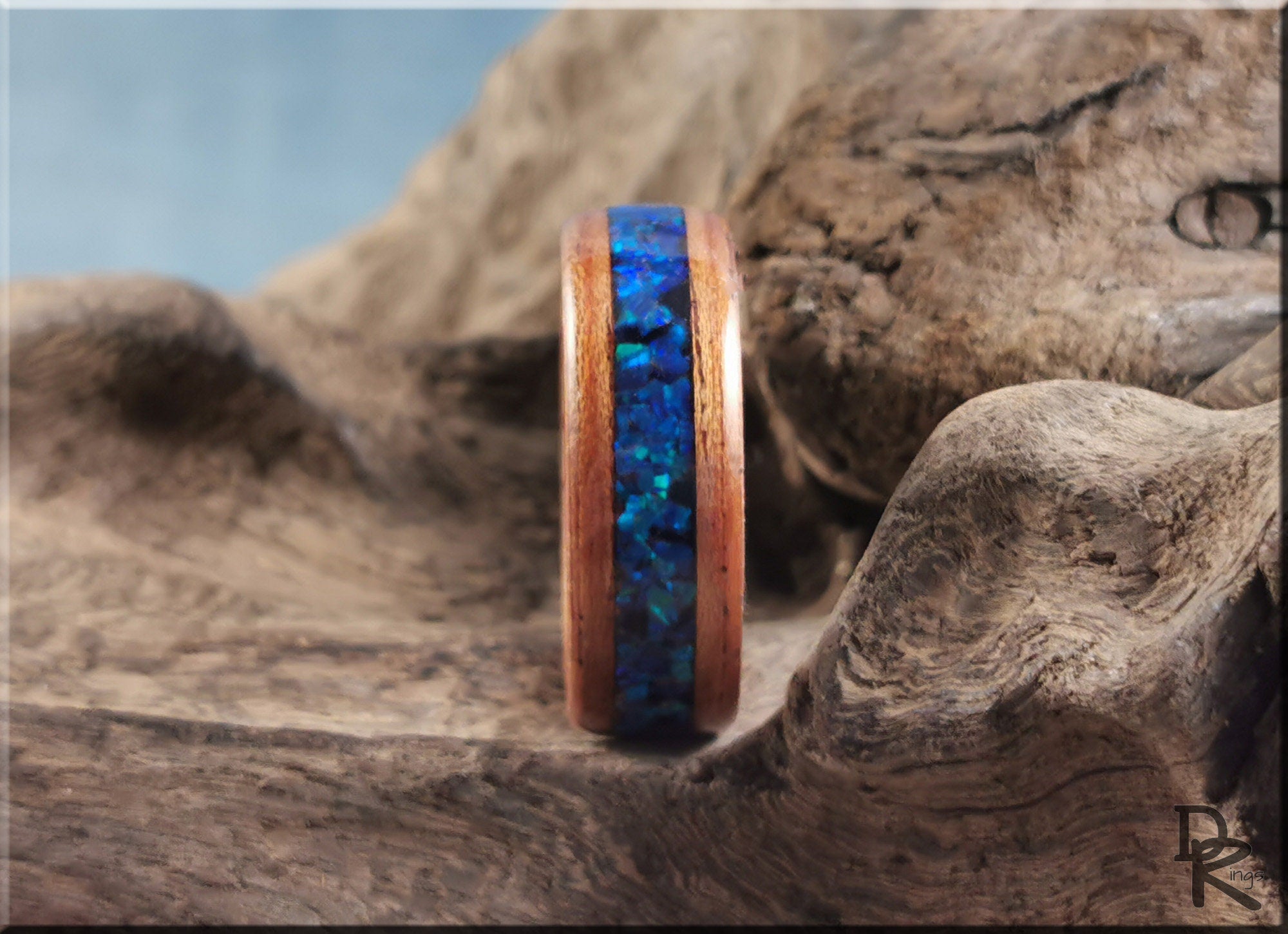 Bentwood Ring - Flat Cut Etimoe w/Ocean Blue Opal inlay, on Deer Antler ring core - wood ring