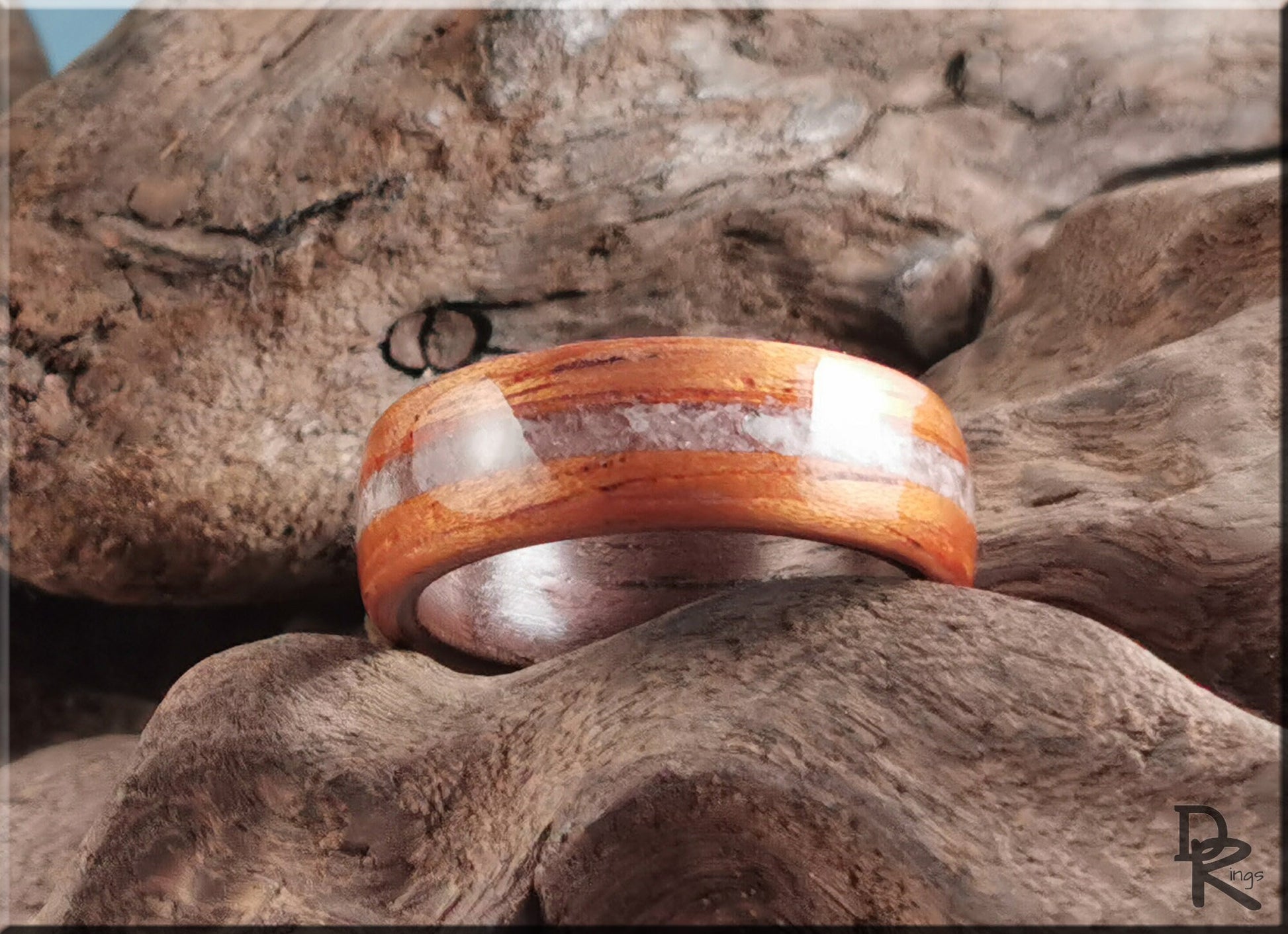 Dual Bentwood Ring - Spanish Cedar w/Moonstone inlay, on Black Walnut ring core - wood ring