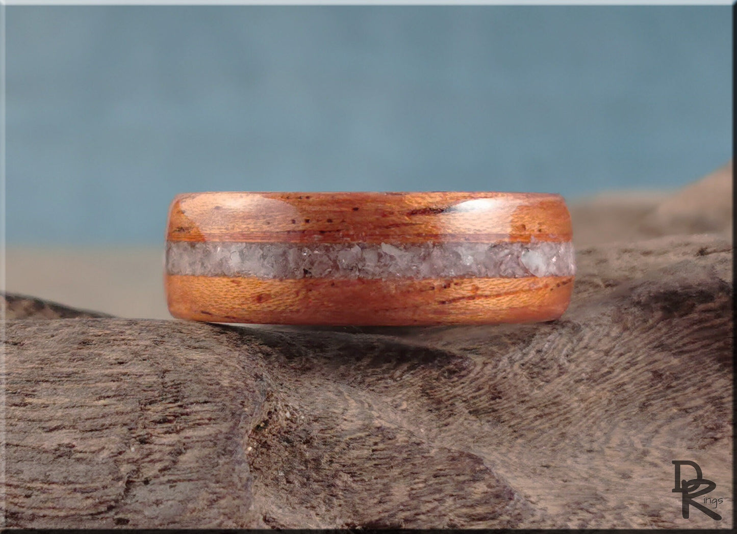 Dual Bentwood Ring - Spanish Cedar w/Moonstone inlay, on Black Walnut ring core - wood ring