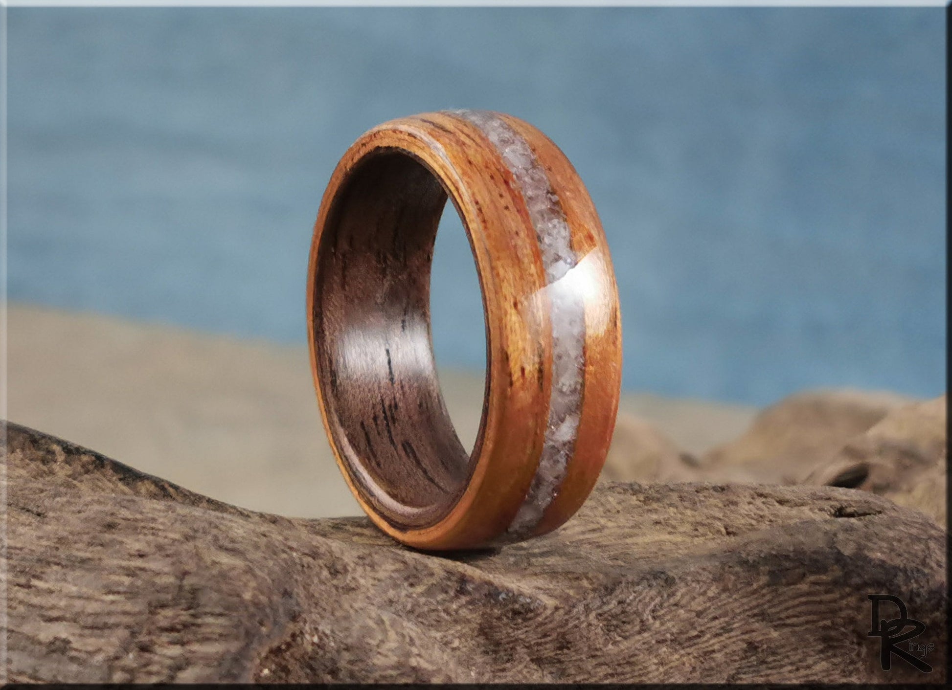 Dual Bentwood Ring - Spanish Cedar w/Moonstone inlay, on Black Walnut ring core - wood ring