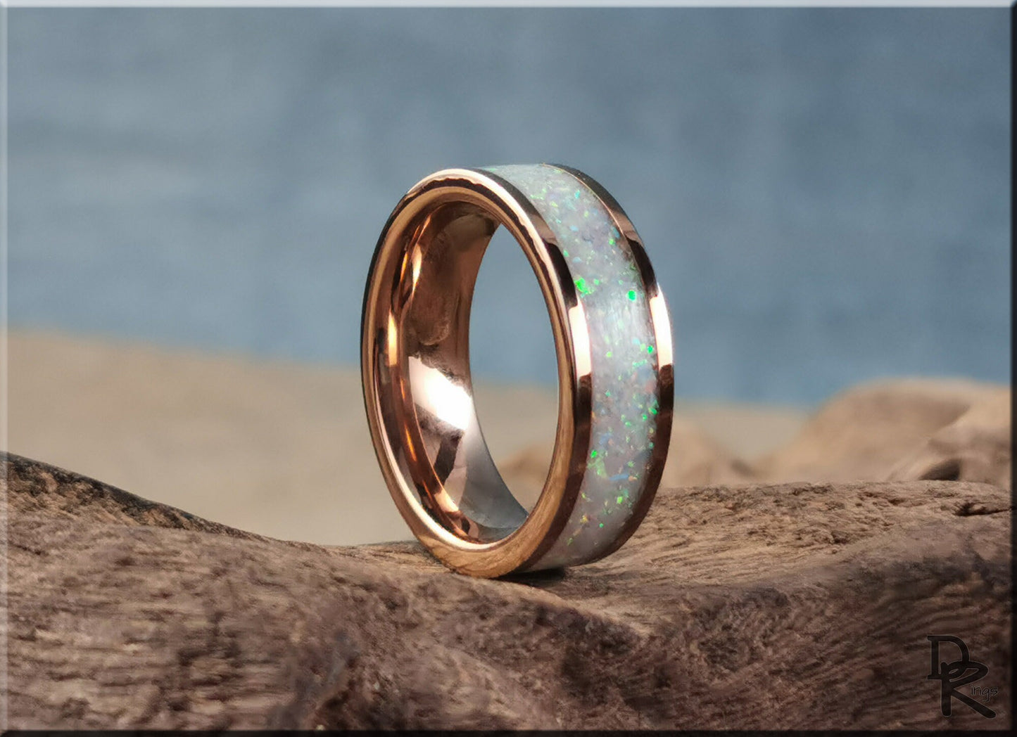 Rose Gold Plated Tungsten Carbide Channel Ring w/Aurora Opal and Pink Glow inlay - metal ring