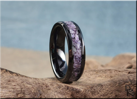 Polished Black Ceramic Channel Ring w/Charoite stone inlay - ceramic ring