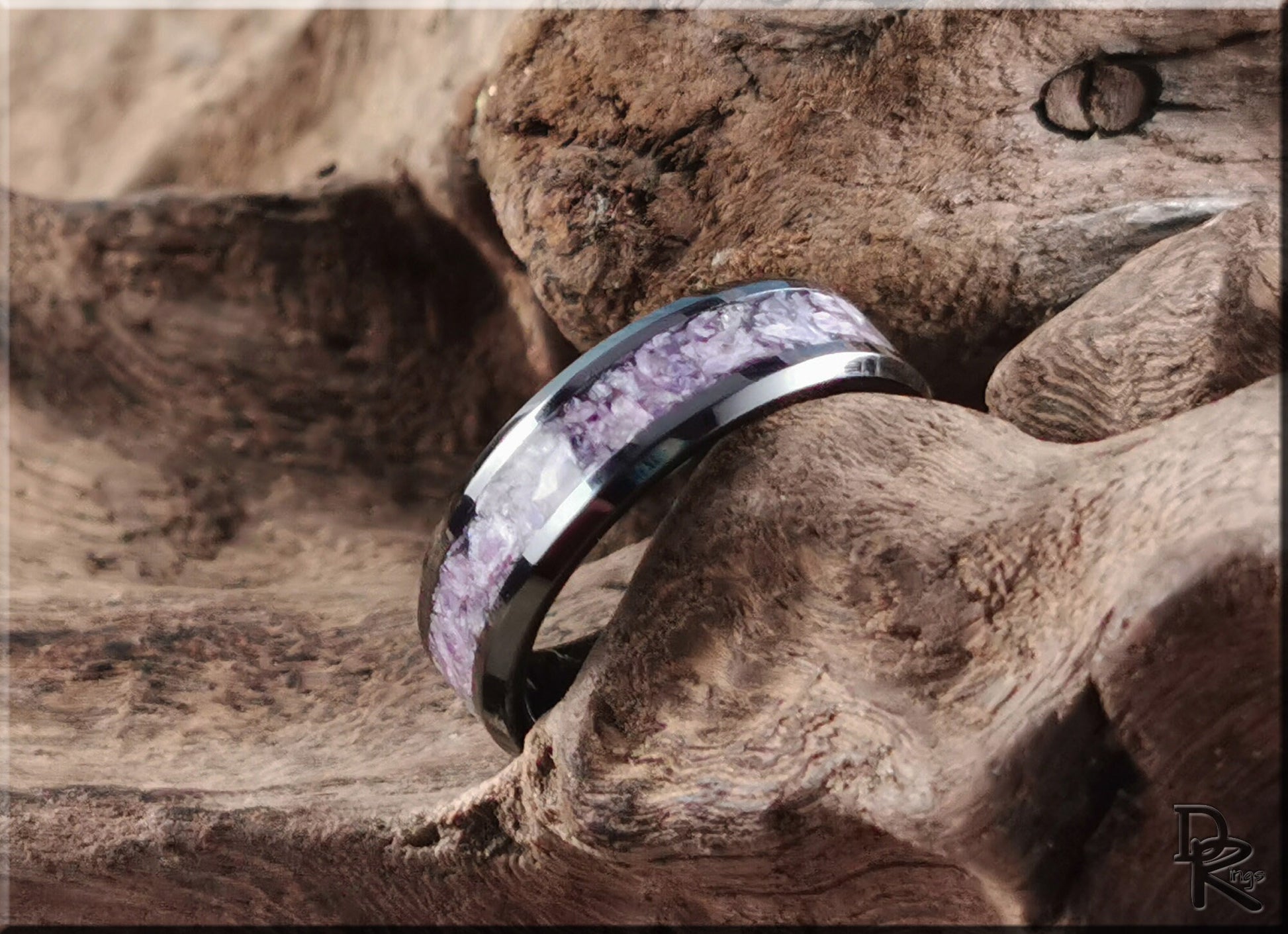 Polished Black Ceramic Channel Ring w/Charoite stone inlay - ceramic ring