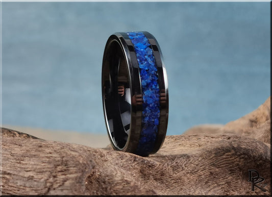 Polished Black Ceramic Channel Ring w/Lapis Lazuli stone inlay - ceramic ring
