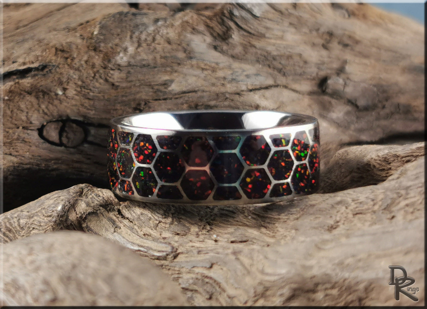 Titanium Honeycomb Pattern Ring w/Opal inlay - metal ring