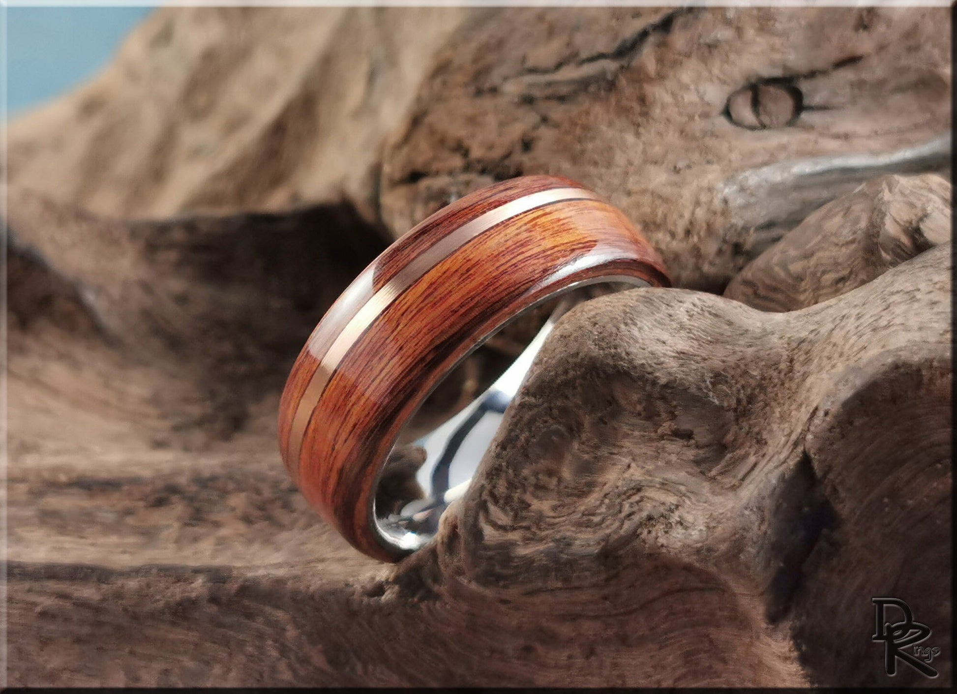 Bentwood Ring - Santos Rosewood w/offset Bronze wire inlay on titanium ring core - wood ring