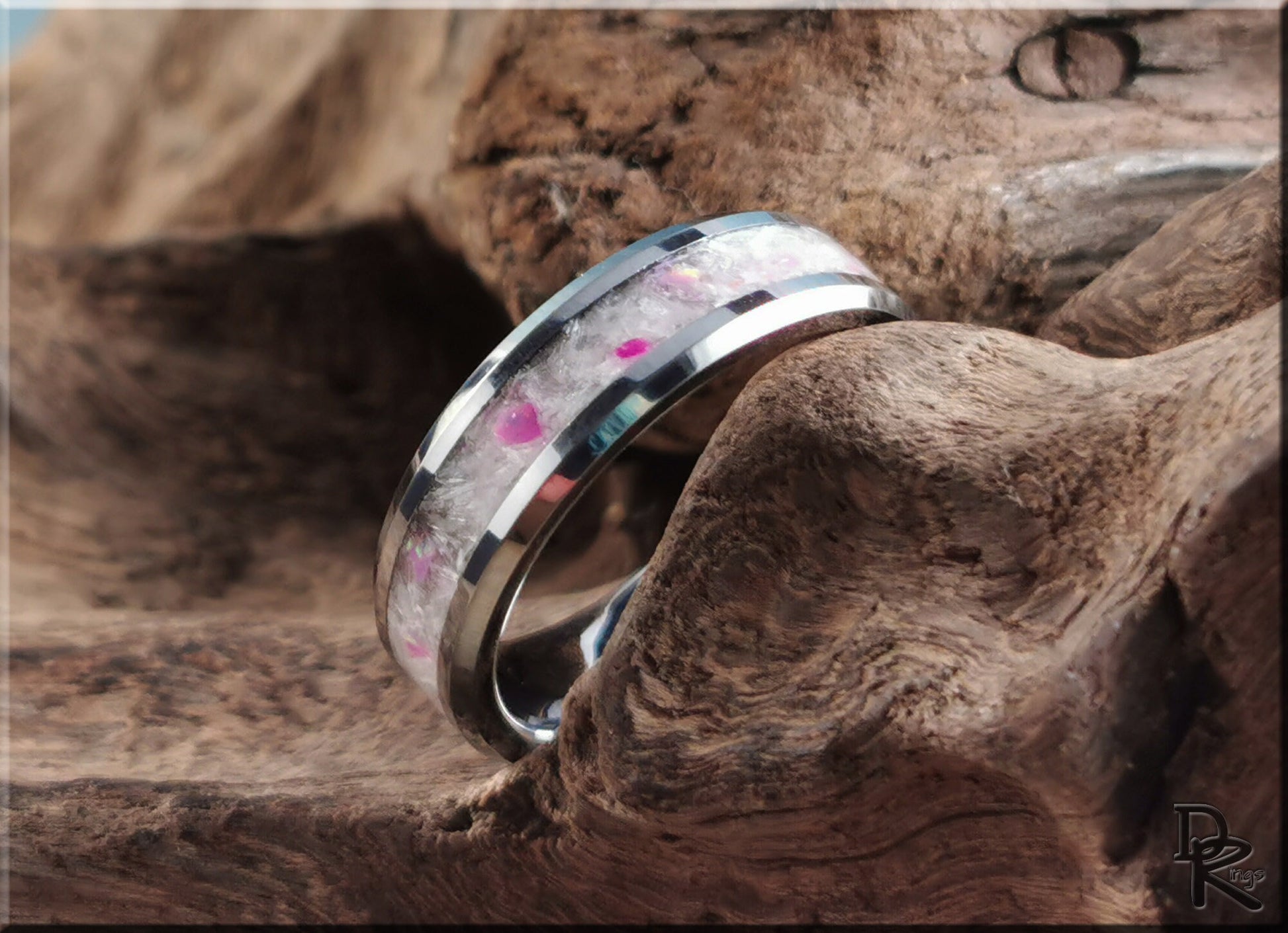 Tungsten Carbide Channel Ring w/Selenite and Opal Glow inlay - metal ring