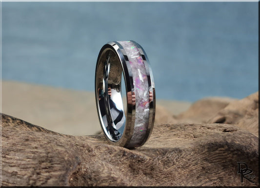 Tungsten Carbide Channel Ring w/Selenite and Opal Glow inlay - metal ring