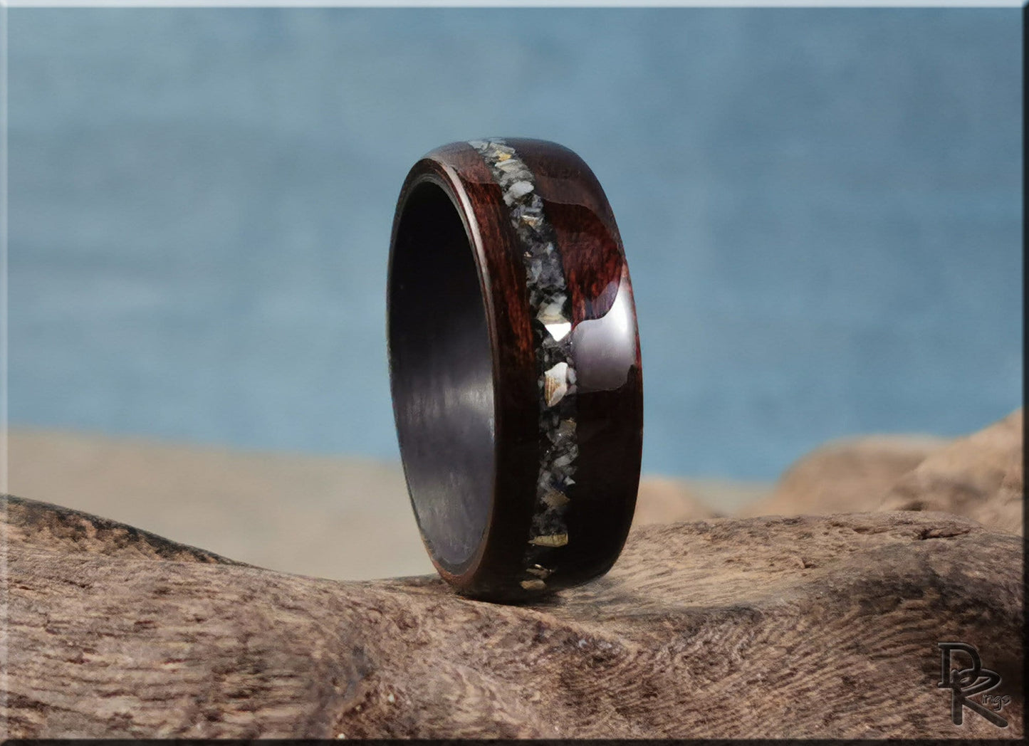 Bentwood Ring - Smoked Etimoe w/Moonstone-Mica and Sterling Silver inlay, on carbon fiber ring core - wood ring