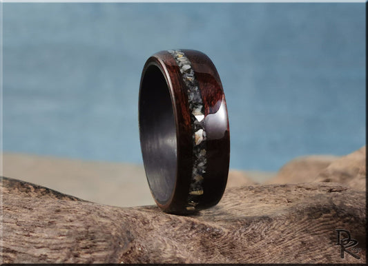 Bentwood Ring - Smoked Etimoe w/Moonstone-Mica and Sterling Silver inlay, on carbon fiber ring core - wood ring