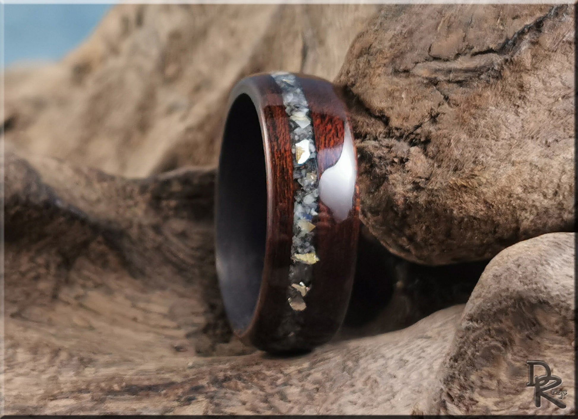 Bentwood Ring - Smoked Etimoe w/Moonstone-Mica and Sterling Silver inlay, on carbon fiber ring core - wood ring