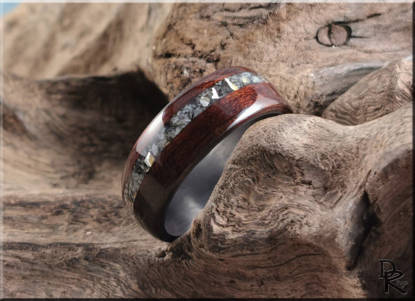 Bentwood Ring - Smoked Etimoe w/Moonstone-Mica and Sterling Silver inlay, on carbon fiber ring core - wood ring