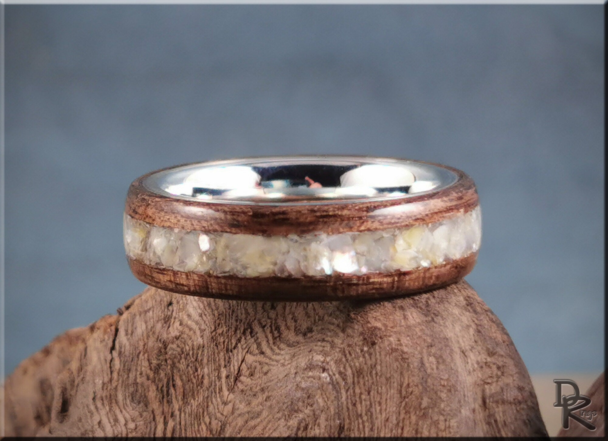 Bentwood Ring - French Walnut w/genuine Mother of Pearl inlay, on premium .925 Sterling Silver ring core - wood ring